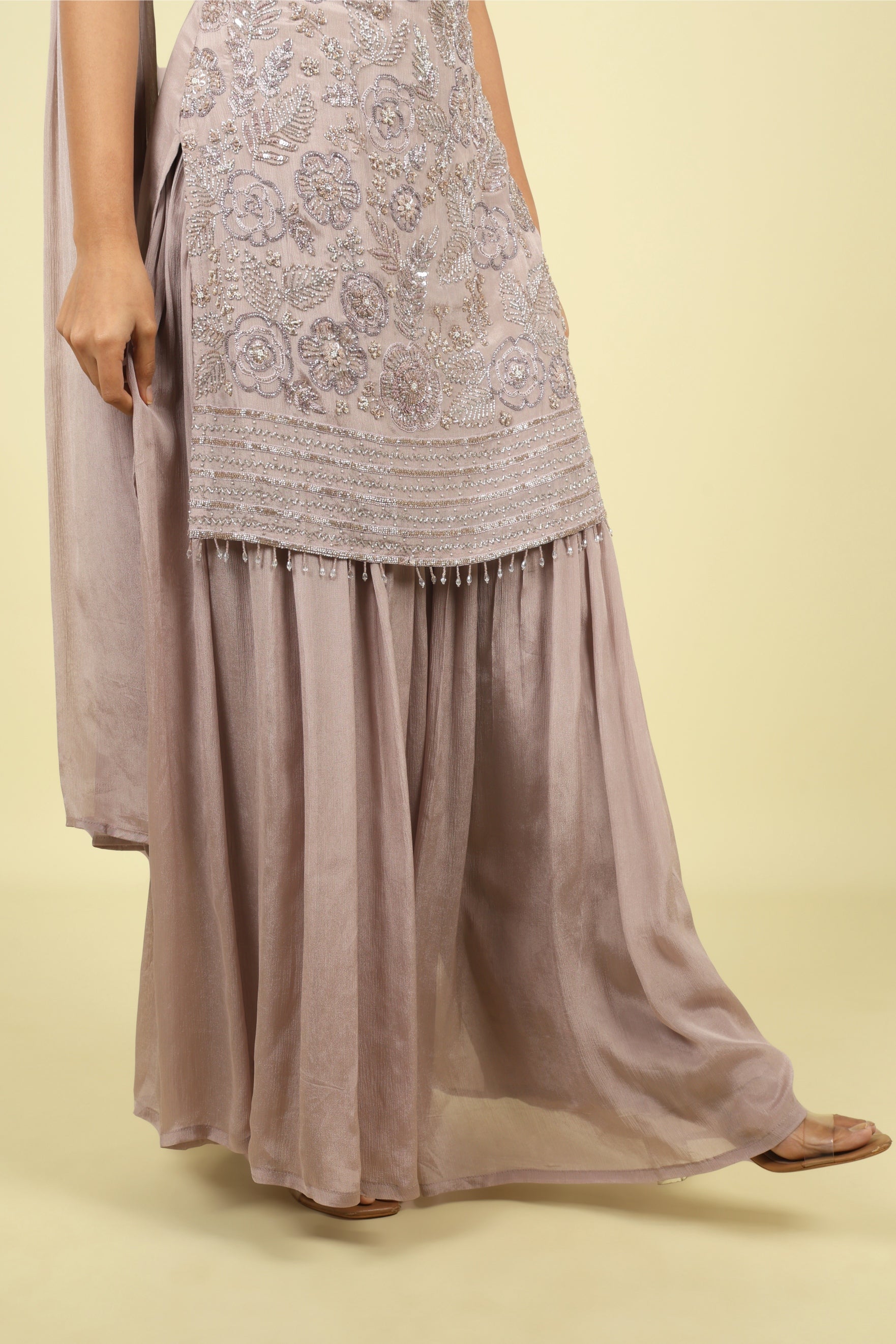 Dark Gold Chinon Sharara Set with Choker Dupatta