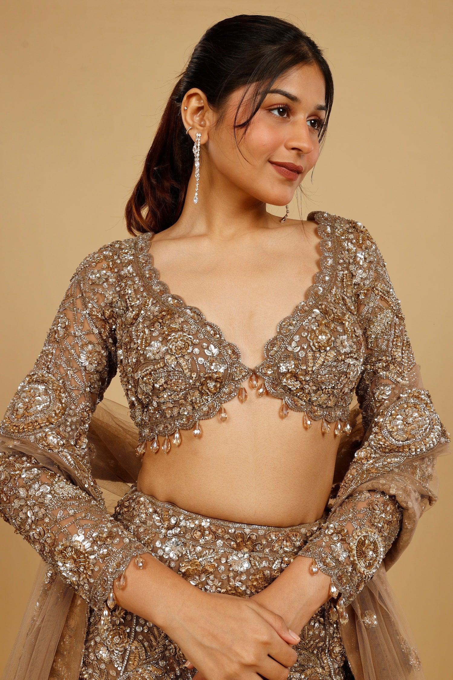 Dark Gold Net Mermaid Lehenga Set with Sequin, Stone & Kutdana Embroidery