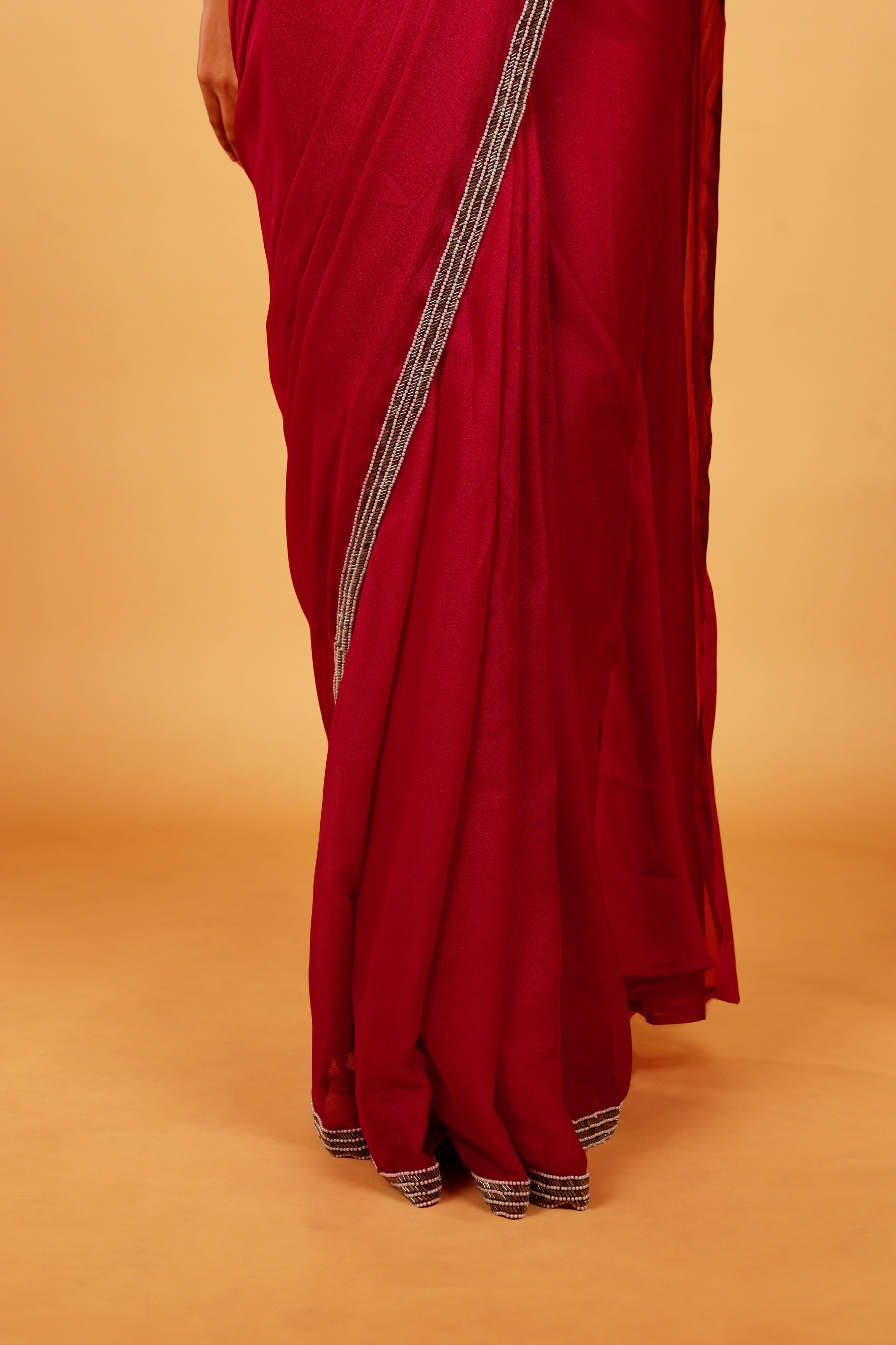 Pink Shimmer Drape Saree with Pearl & Cutdana Embroidery