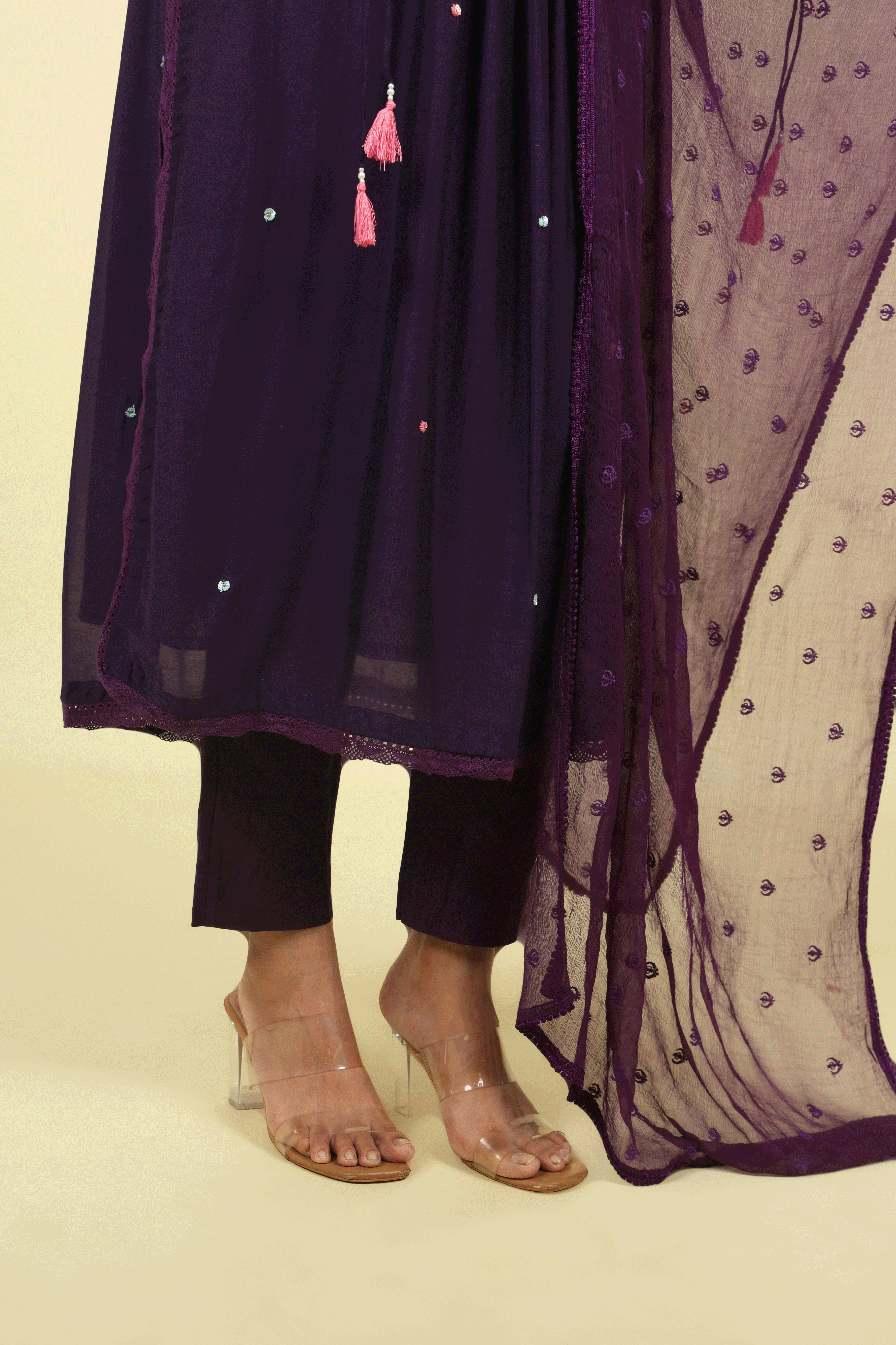 Purple Embroidered Mul Chanderi Salwar Set