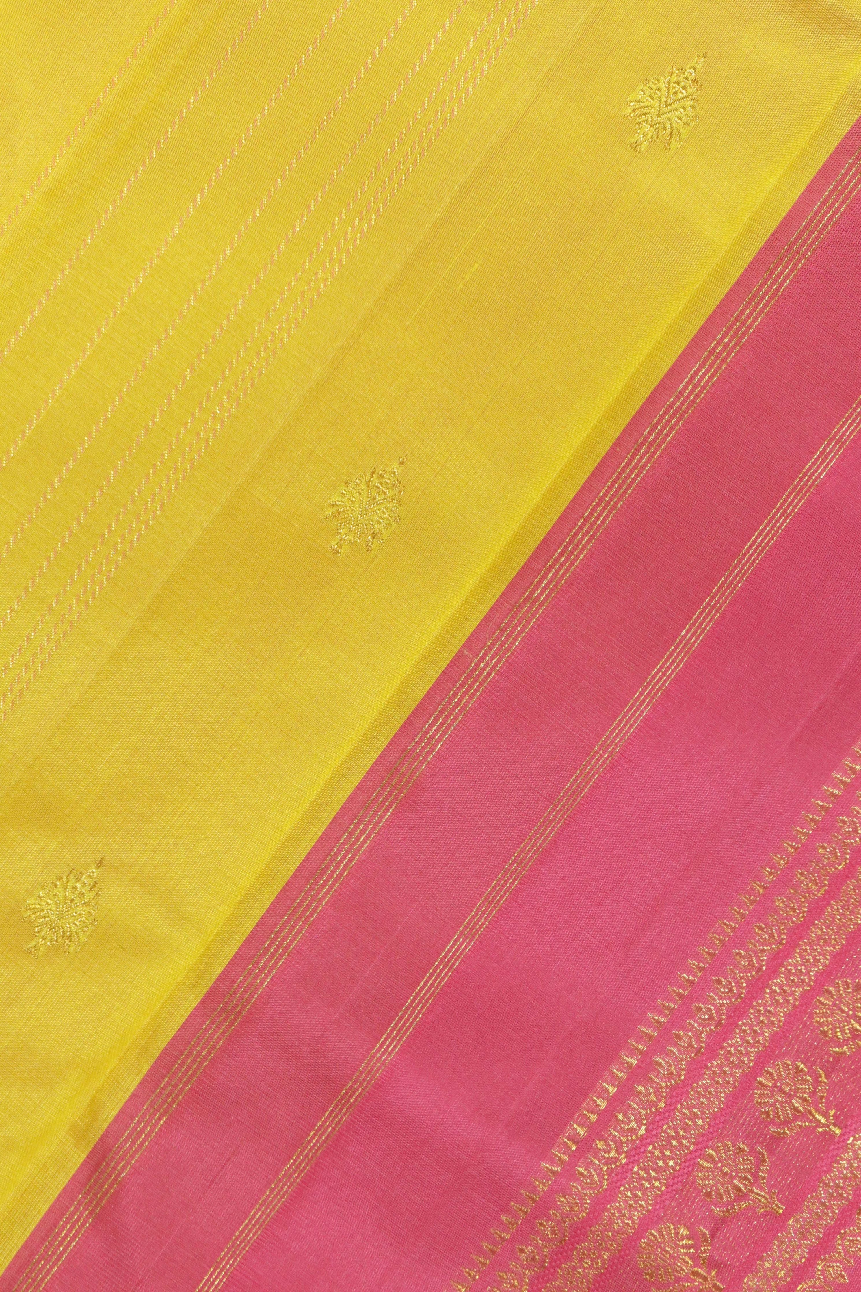 Yellow Kanchipuram Silk Saree with Zari Stripes, Motifs & Contrast Zari Border - Mokshaa