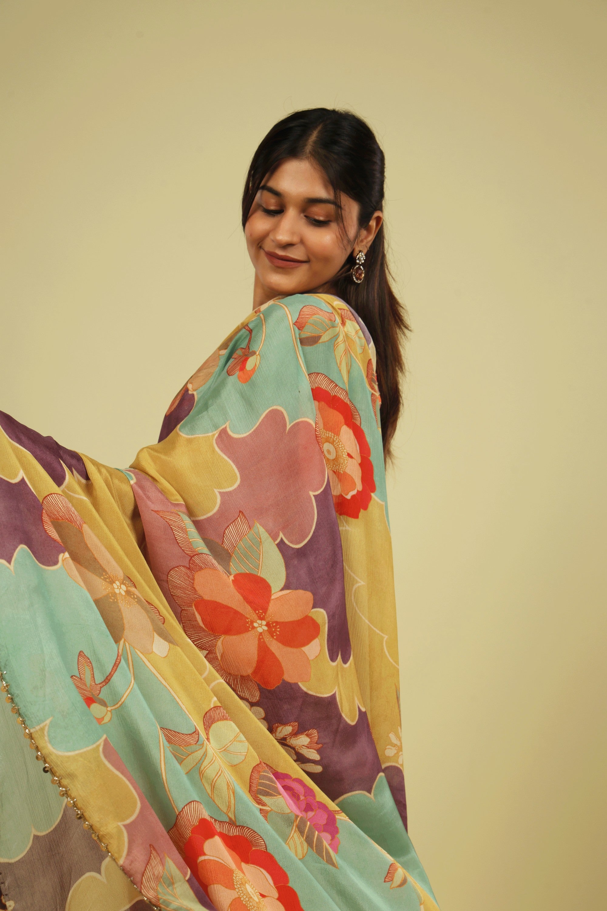 Multicolour Silky Georgette Saree with Digital Print & Bead-Sequin Border