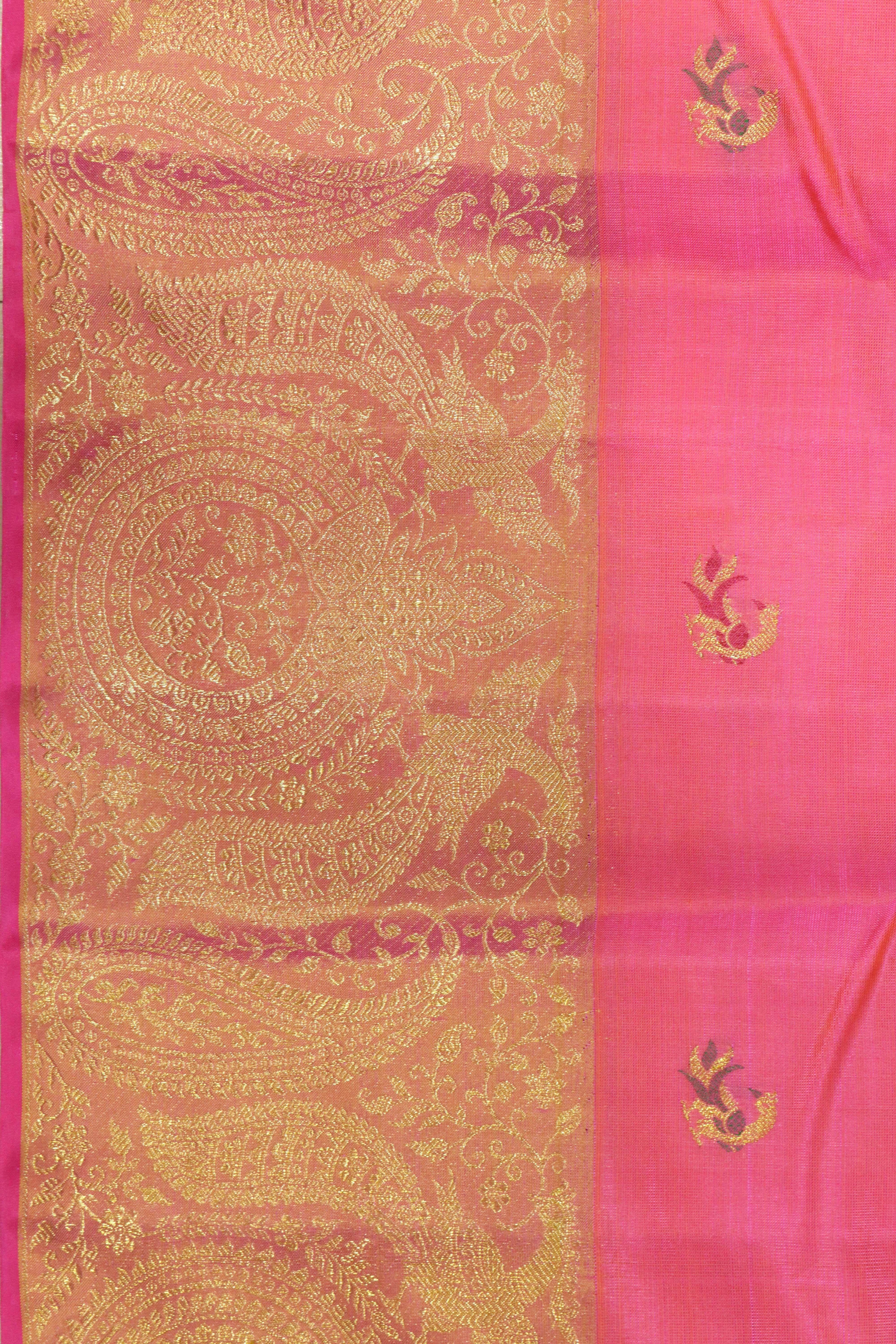 Shaded Pink Kanchipuram Silk Saree with Peacock & Elephant Motifs and Fancy Border