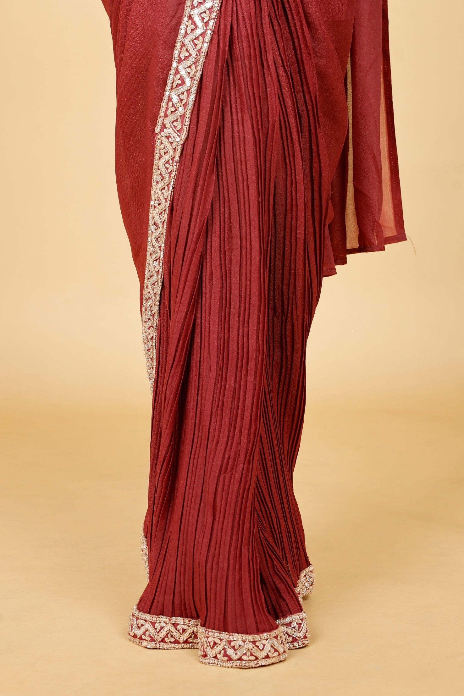 Maroon Embellished Drape Saree Set with Halter Neck Blouse & Pearl Detailing