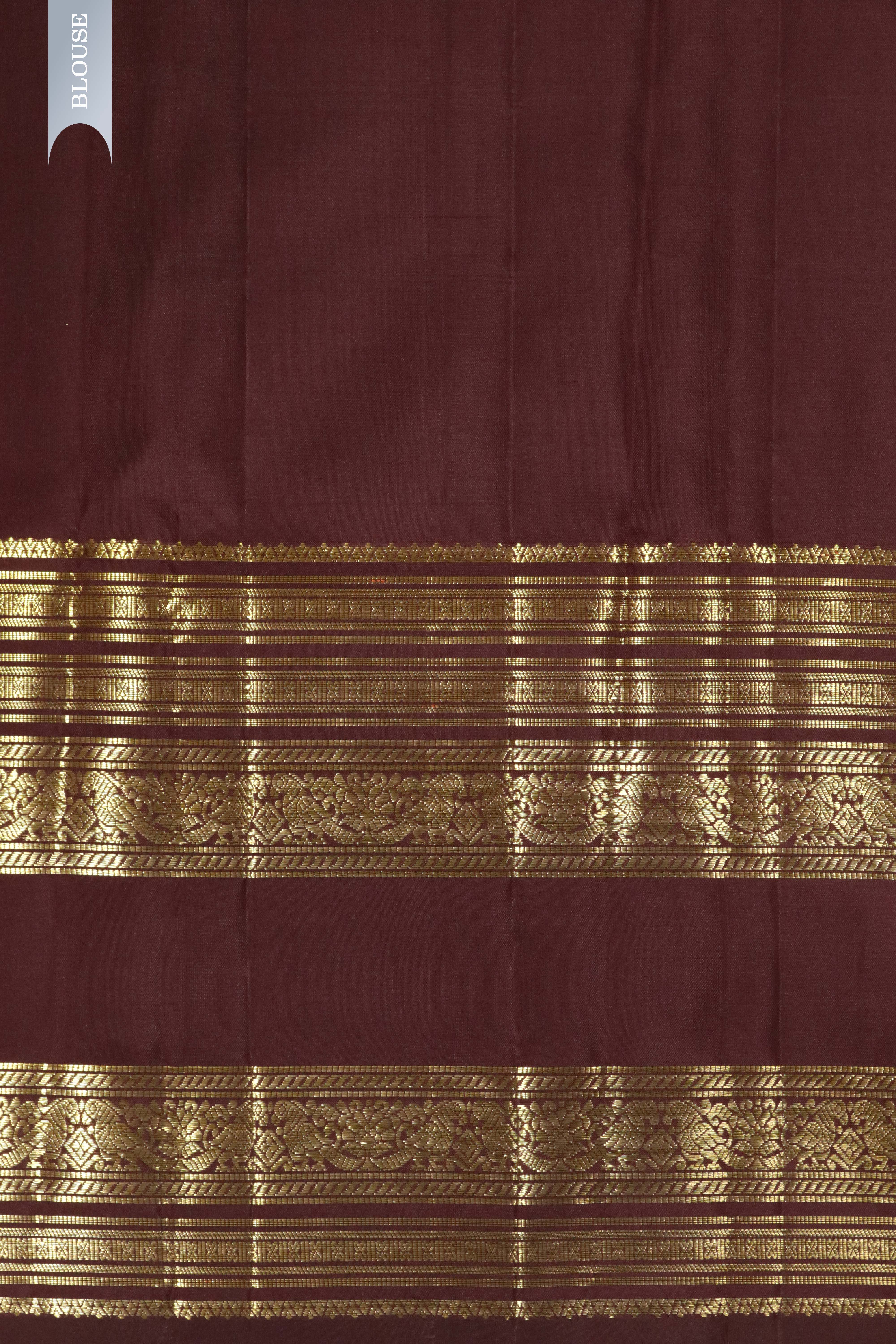 Chocolate Brown Kanchipuram Silk Saree with Zari Checks, Motifs & Long Zari Border