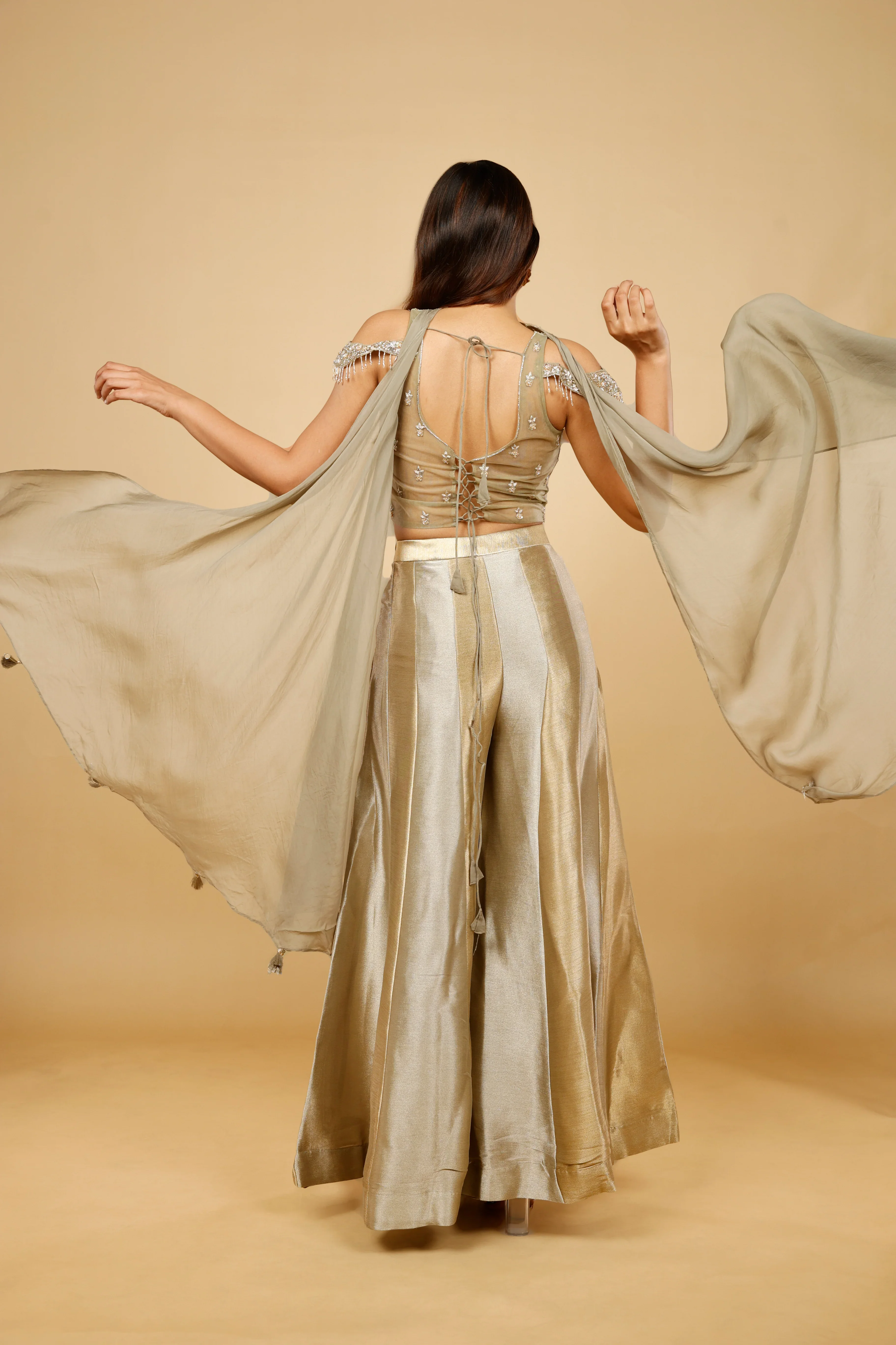 Gold Banarasi Tissue Corset with Palazzo Set - Mokshaa