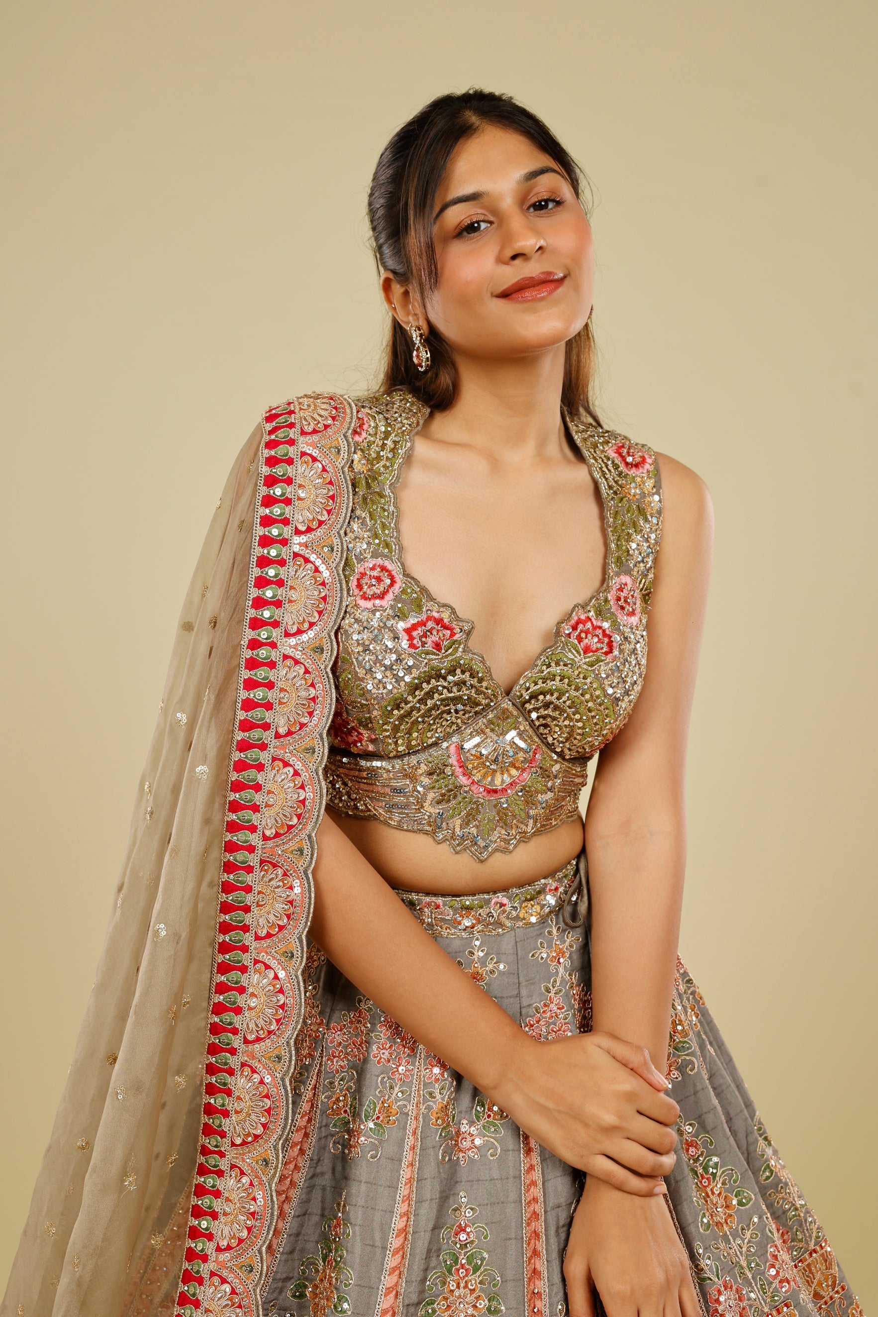 Grey Silk Lehenga Set with Zari, Stone & Sequin Embroidery | Mokshaa