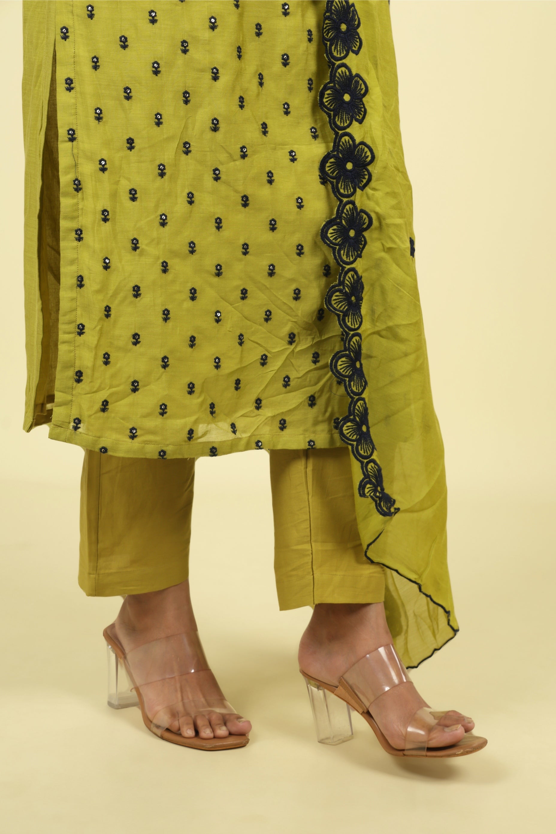 Olive Green Mul Chanderi Straight Cut Salwar Set with Navy Thread Embroidery