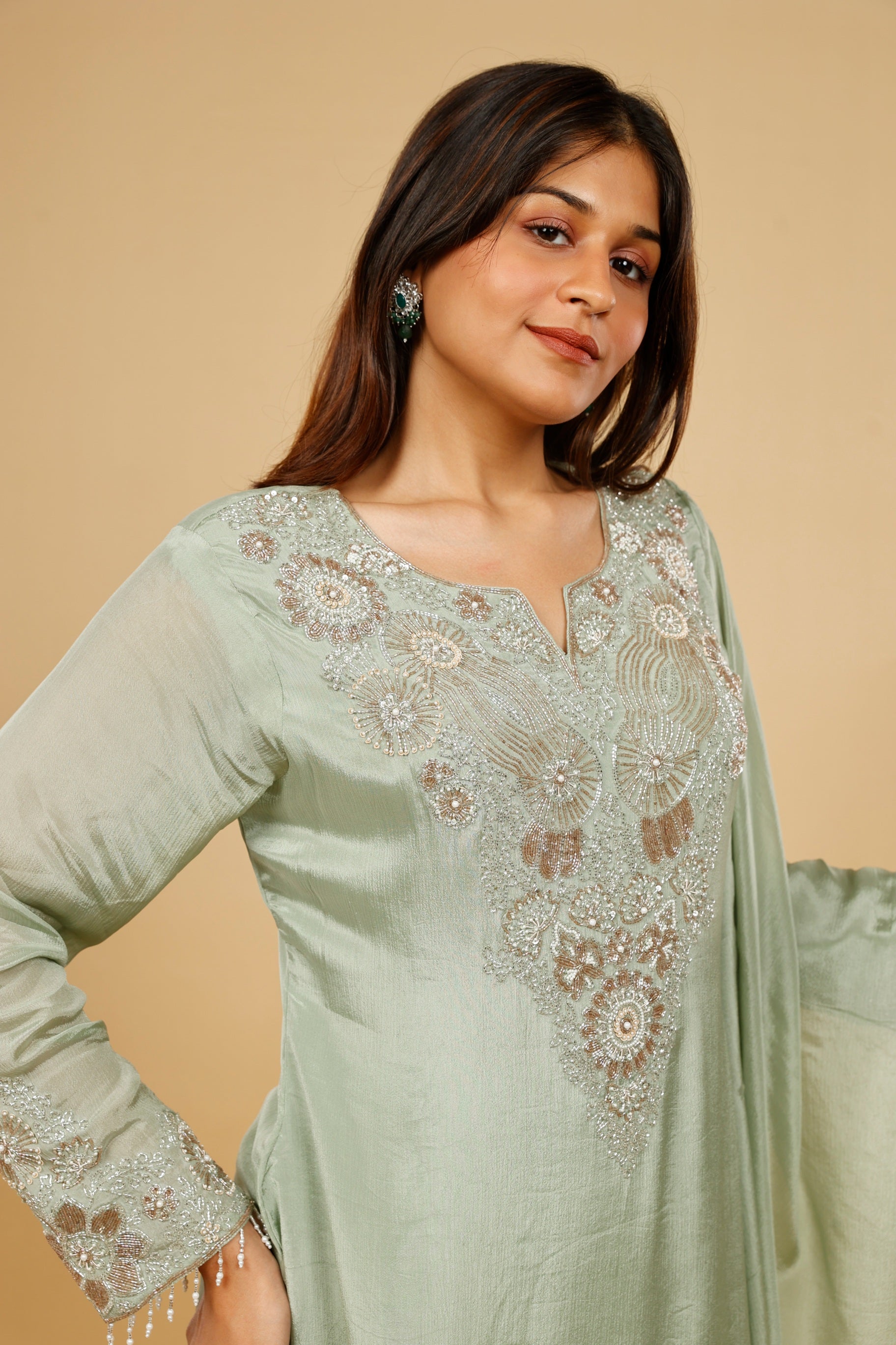 Mint Green Chinon Silk Sharara Set with Kutdana & Pearl Embroidery