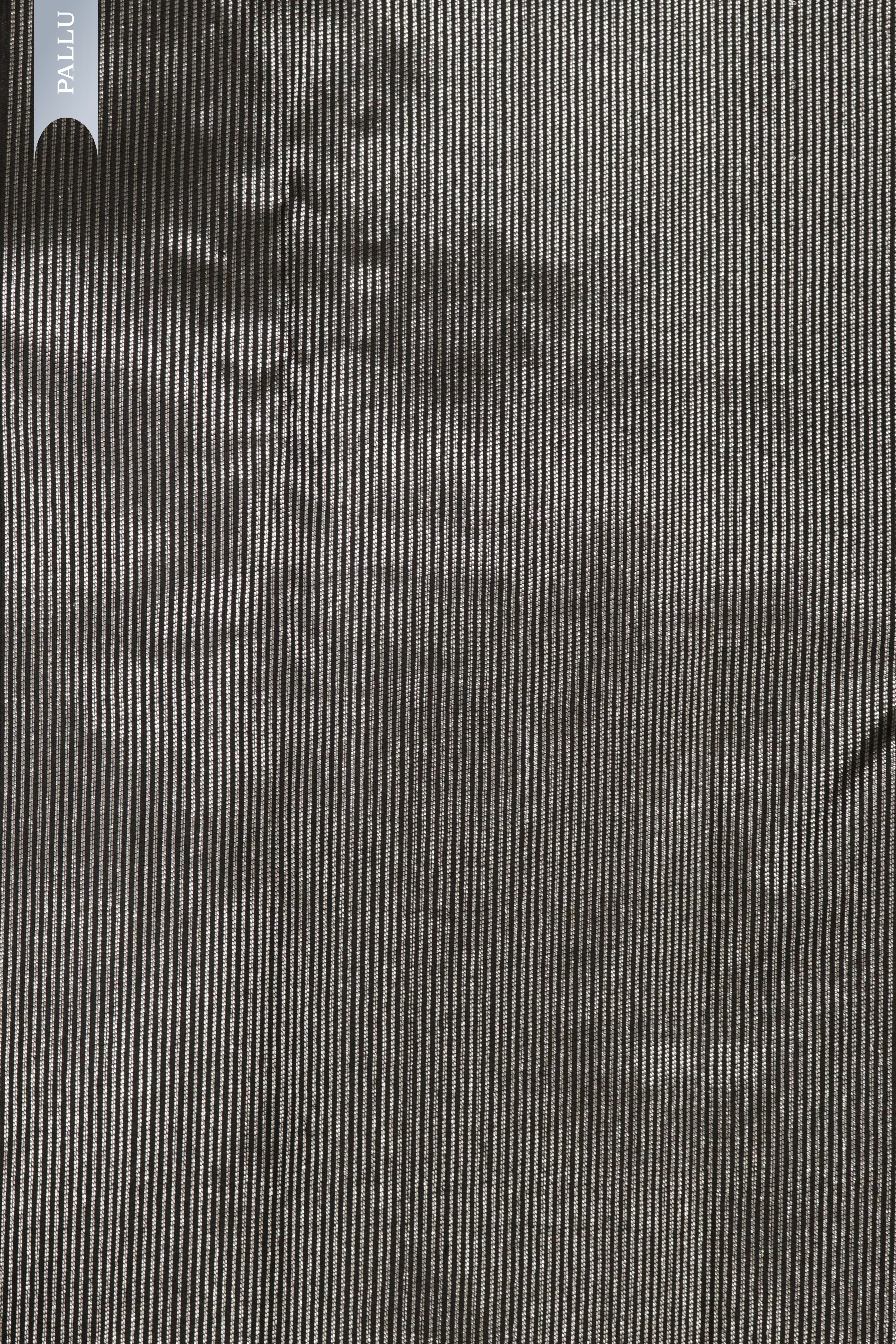 Black Kanchipuram Silk Saree with Silver & Blue Thread Striped Weaving