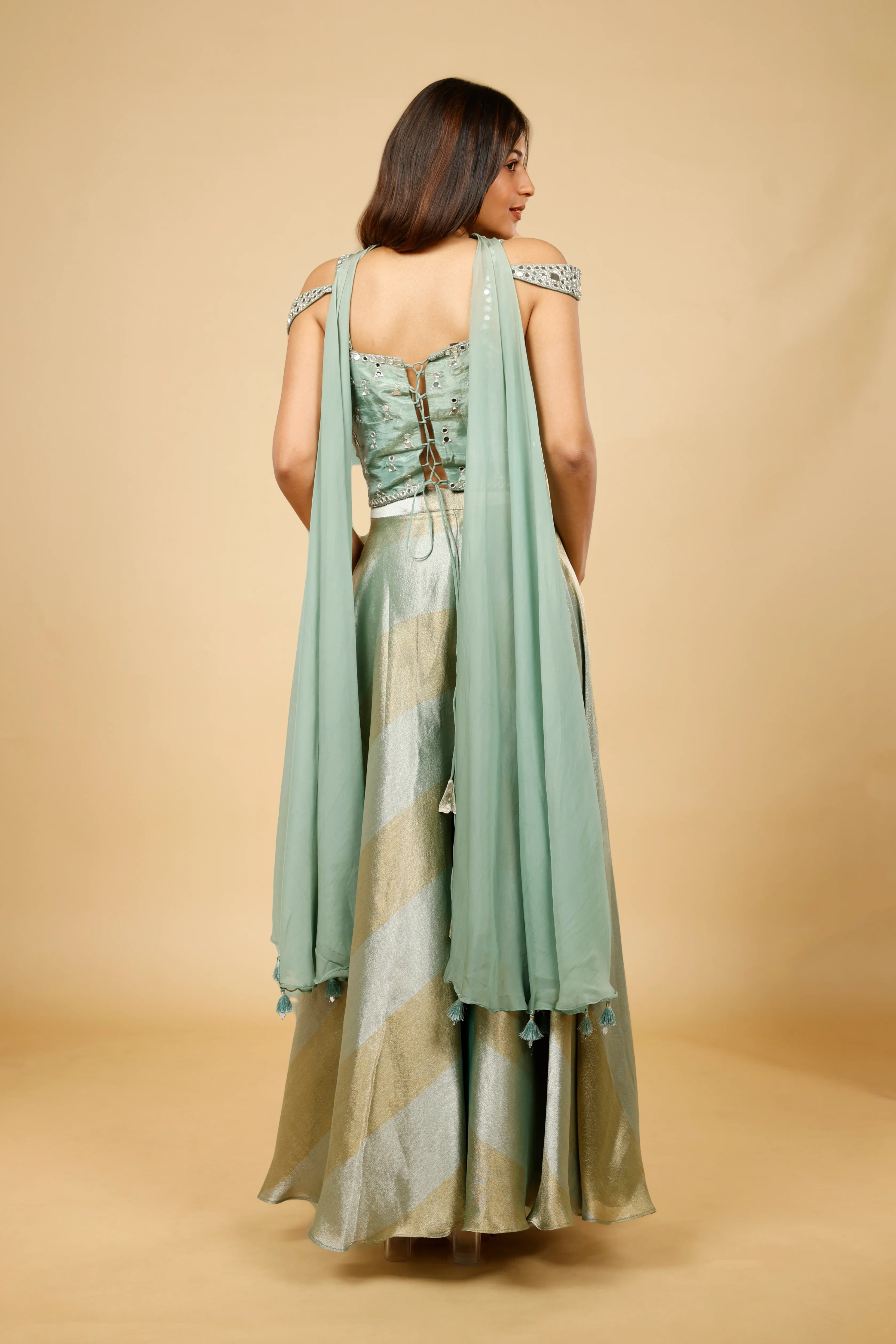 Sage Green Banarasi Tissue Corset Palazzo Set with Mirror Embroidery - Mokshaa