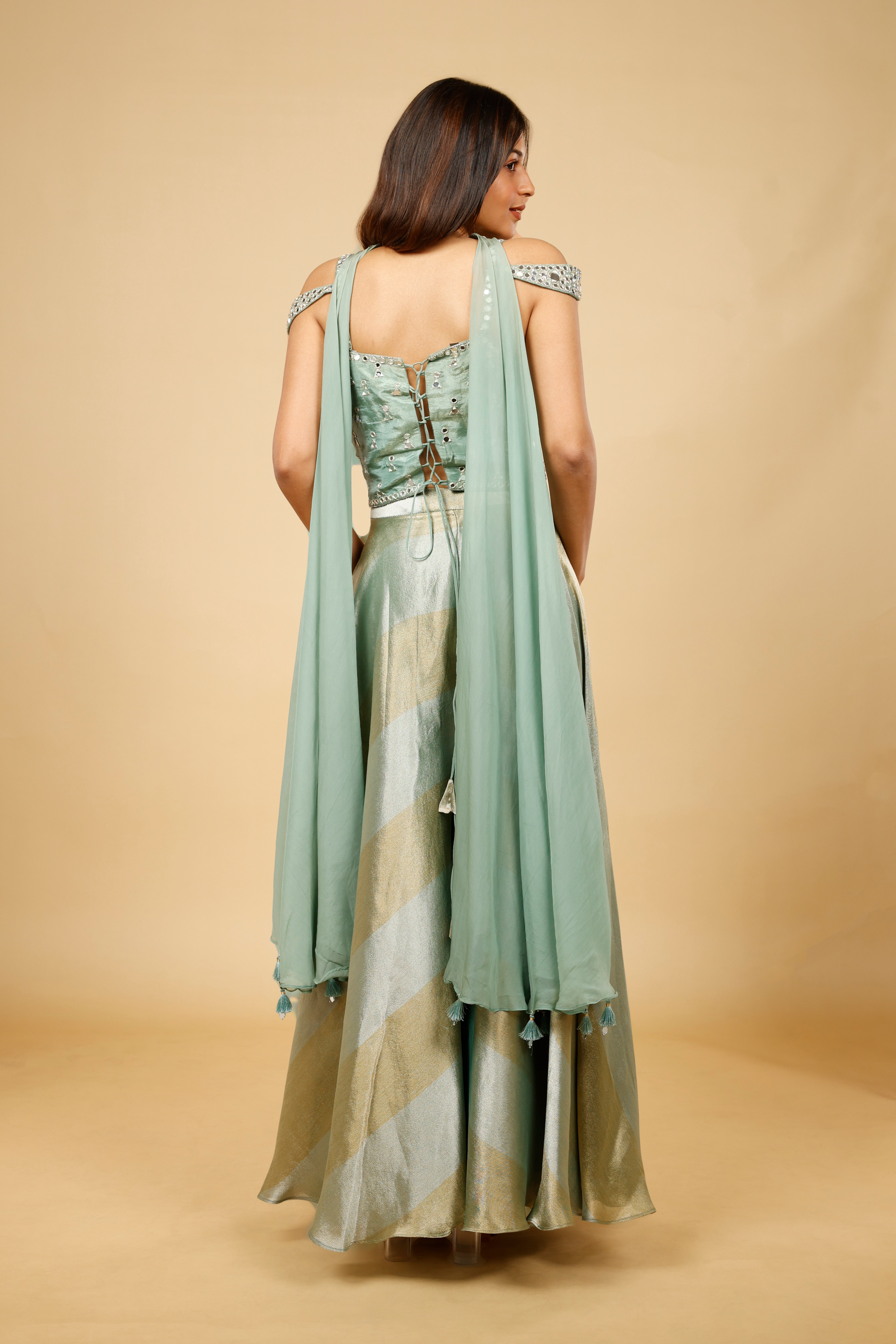 Sage Green Banarasi Tissue Corset Palazzo Set with Mirror Embroidery