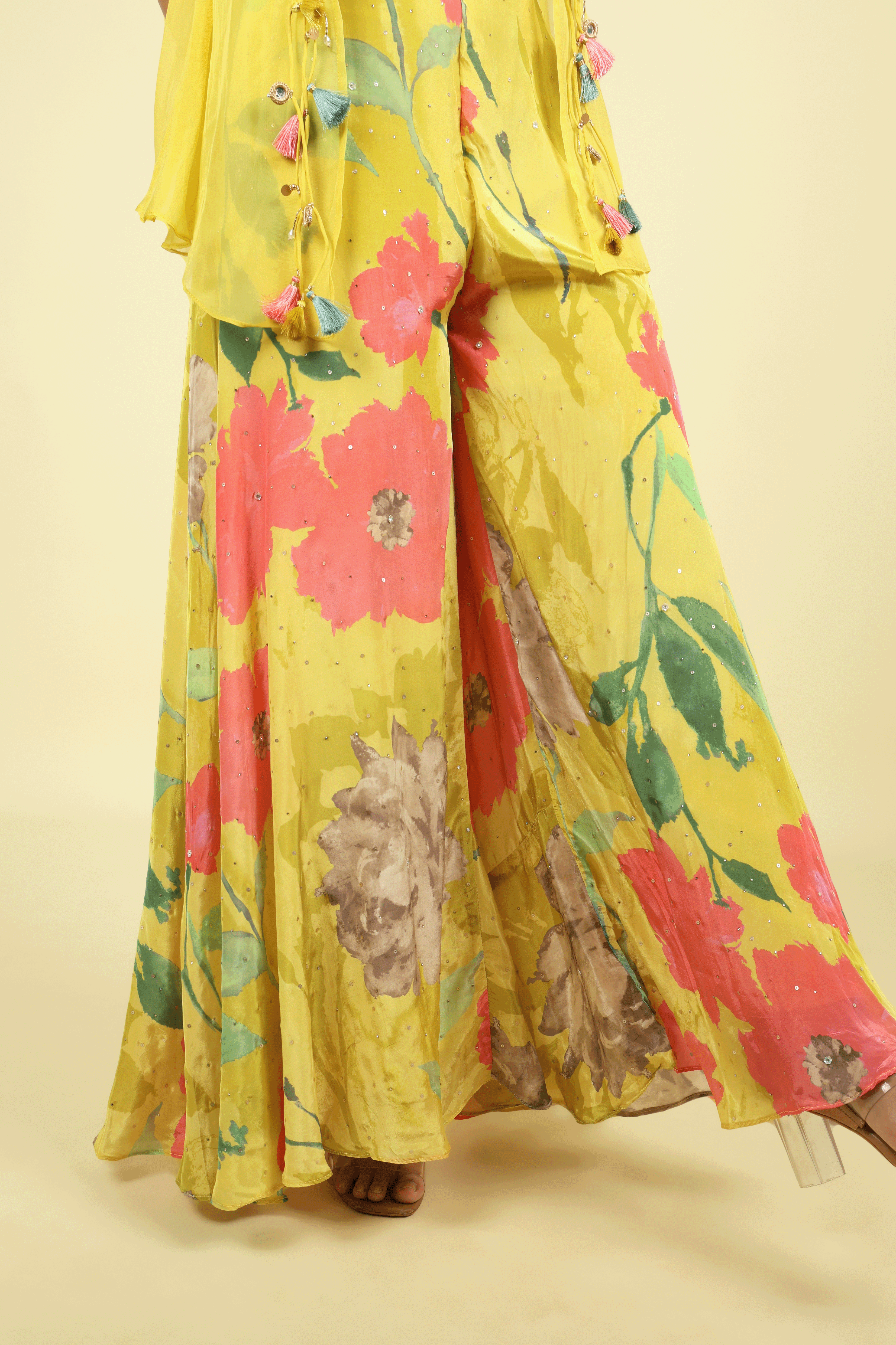 Yellow Printed Crepe Crop Top Palazzo Set