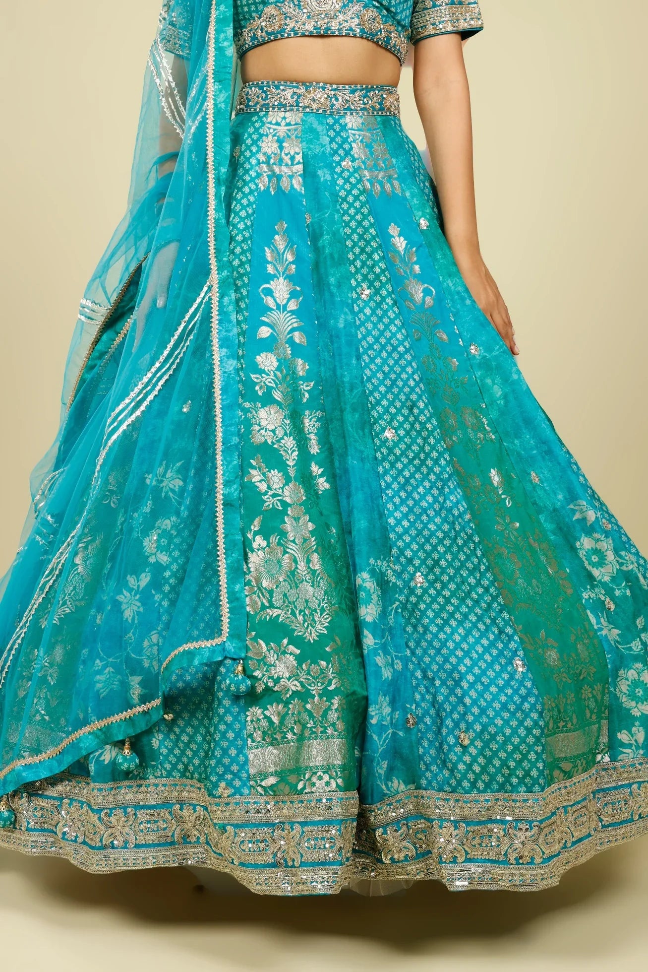 Teal Banarasi Printed Lehenga Set with Zari, Zardozi & Sequin Embroidery | Mokshaa