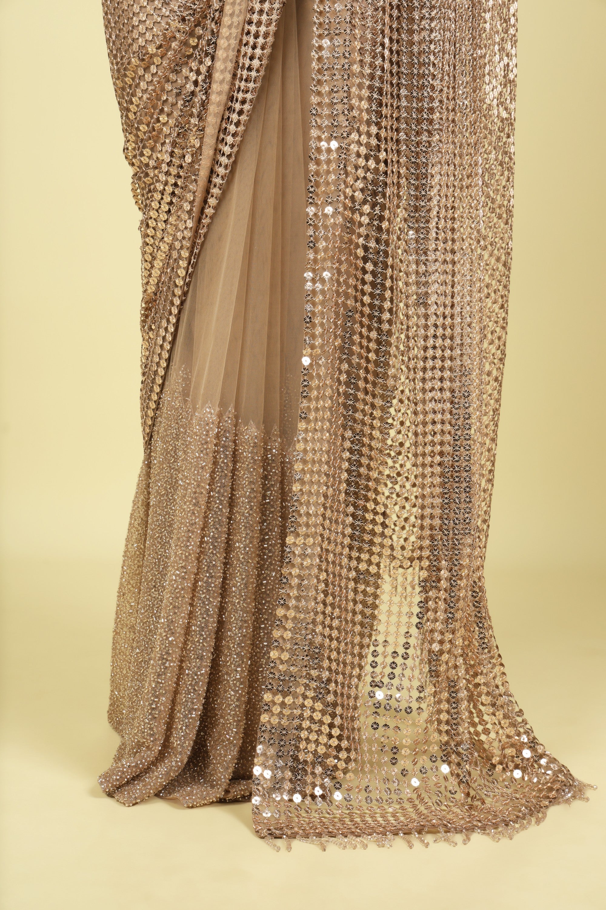 Gold Metallic Mesh Saree with Sequins & Beadwork