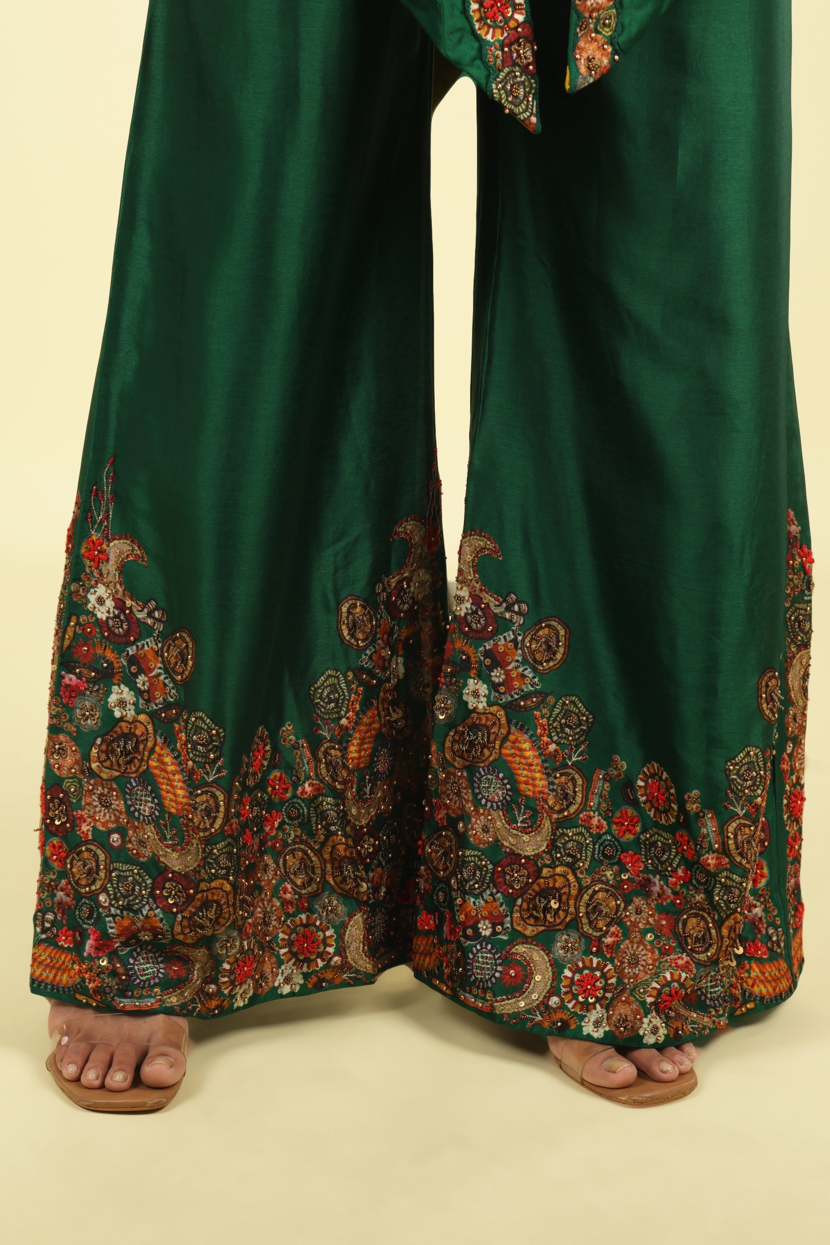 Green Silk Co-Ord Set with Placement Print & Metallic Embroidery