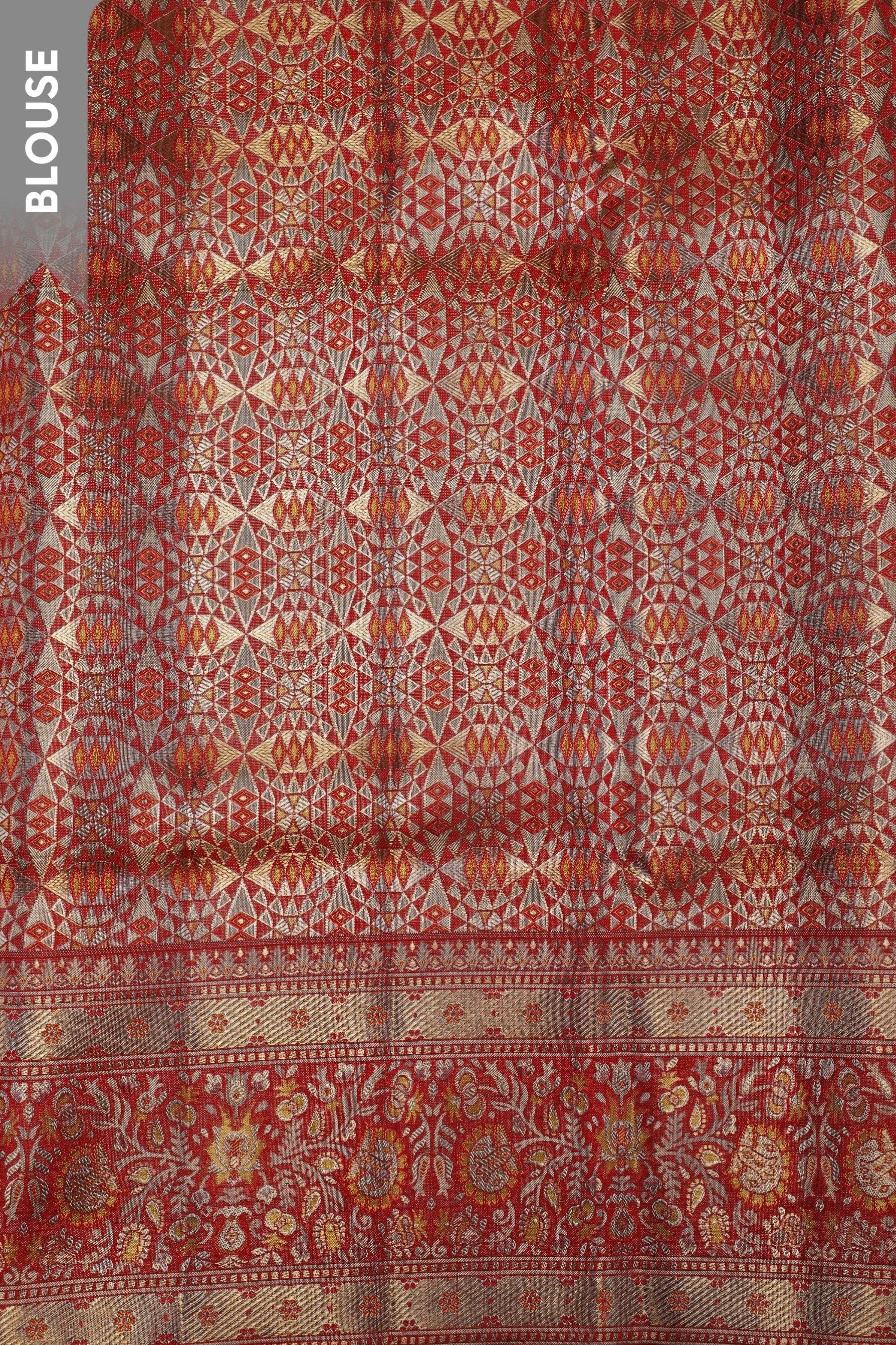 Mustard Orange Tissue Silk Saree with Meenakari Jaal and Red Brocade Border  Mokshaa