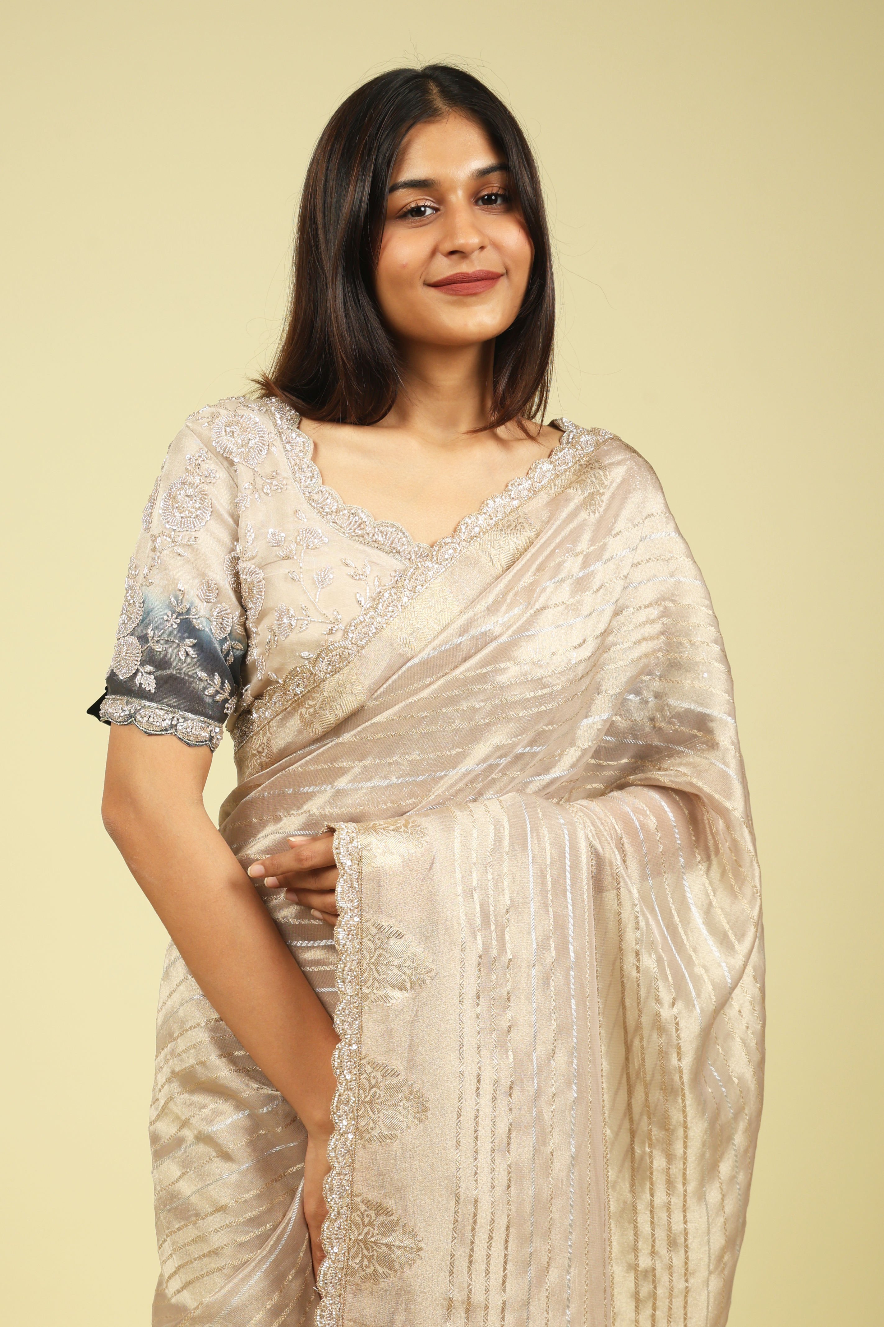 Rose Gold Tissue Saree with Gold & Silver Zari Stripes and Bead-Sequin Border