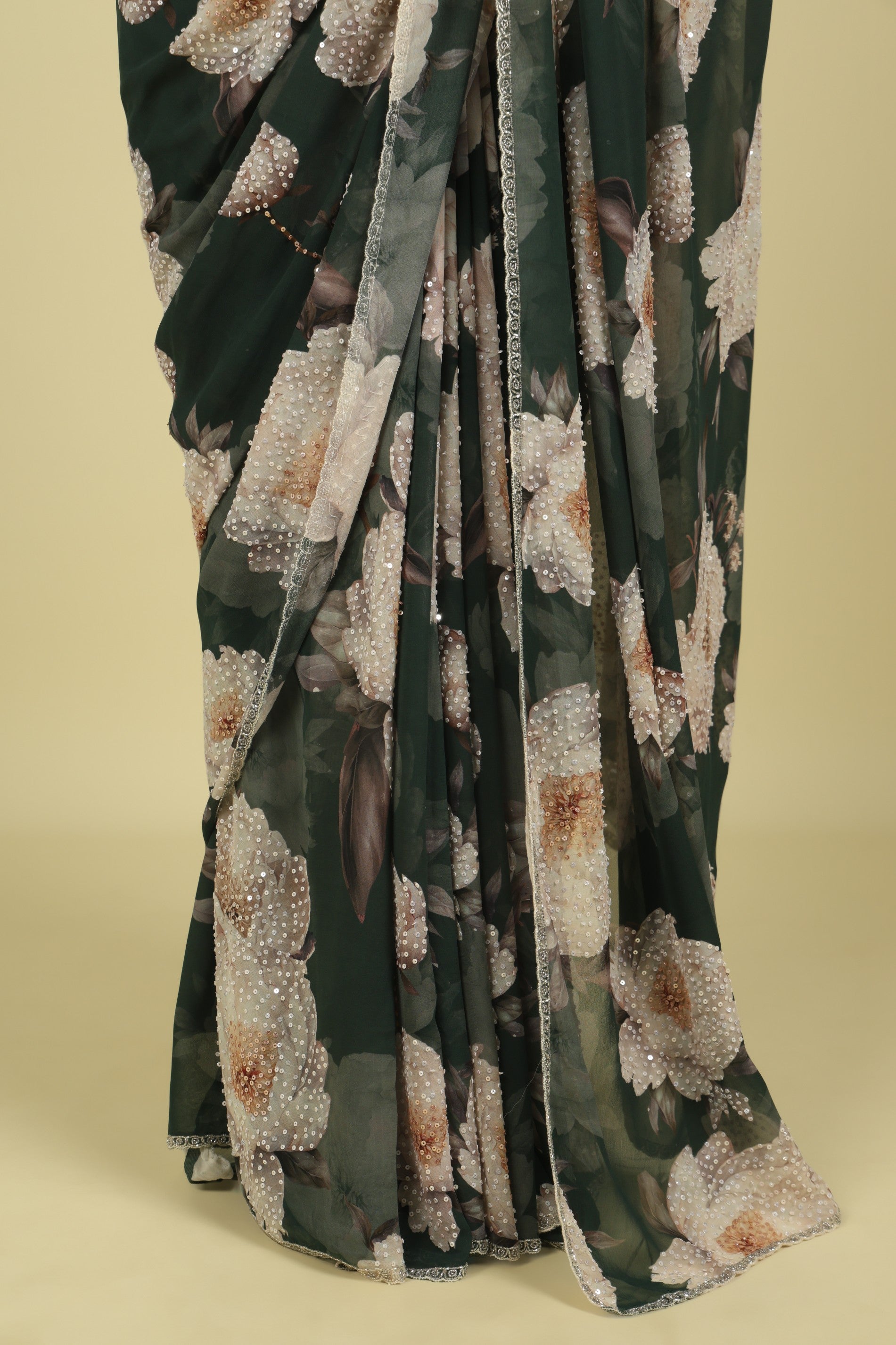 Dusty Green Saree with All-Over Digital Print & Sequin Highlights