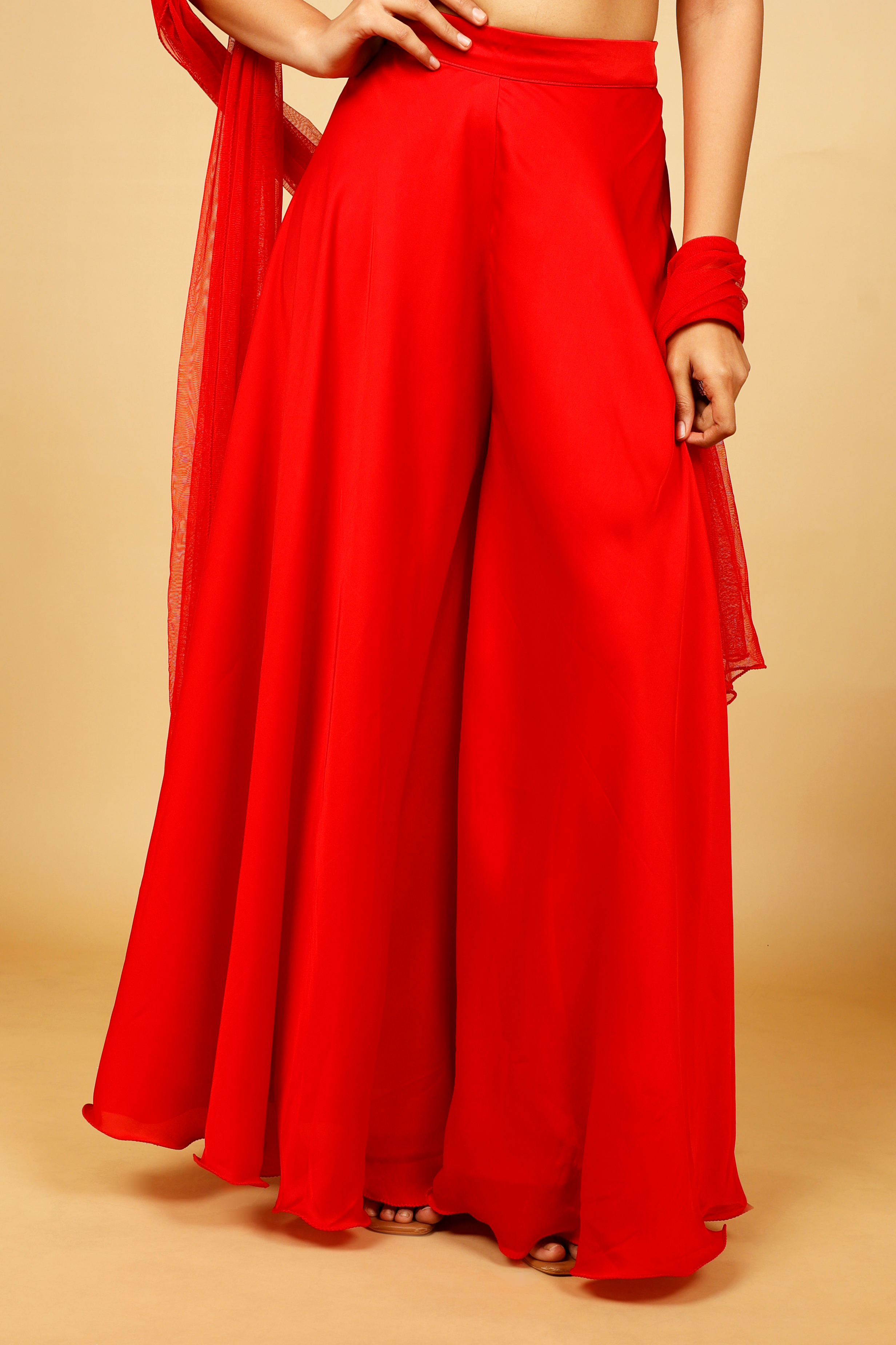Red Crop Top with Palazzo and Net Dupatta
