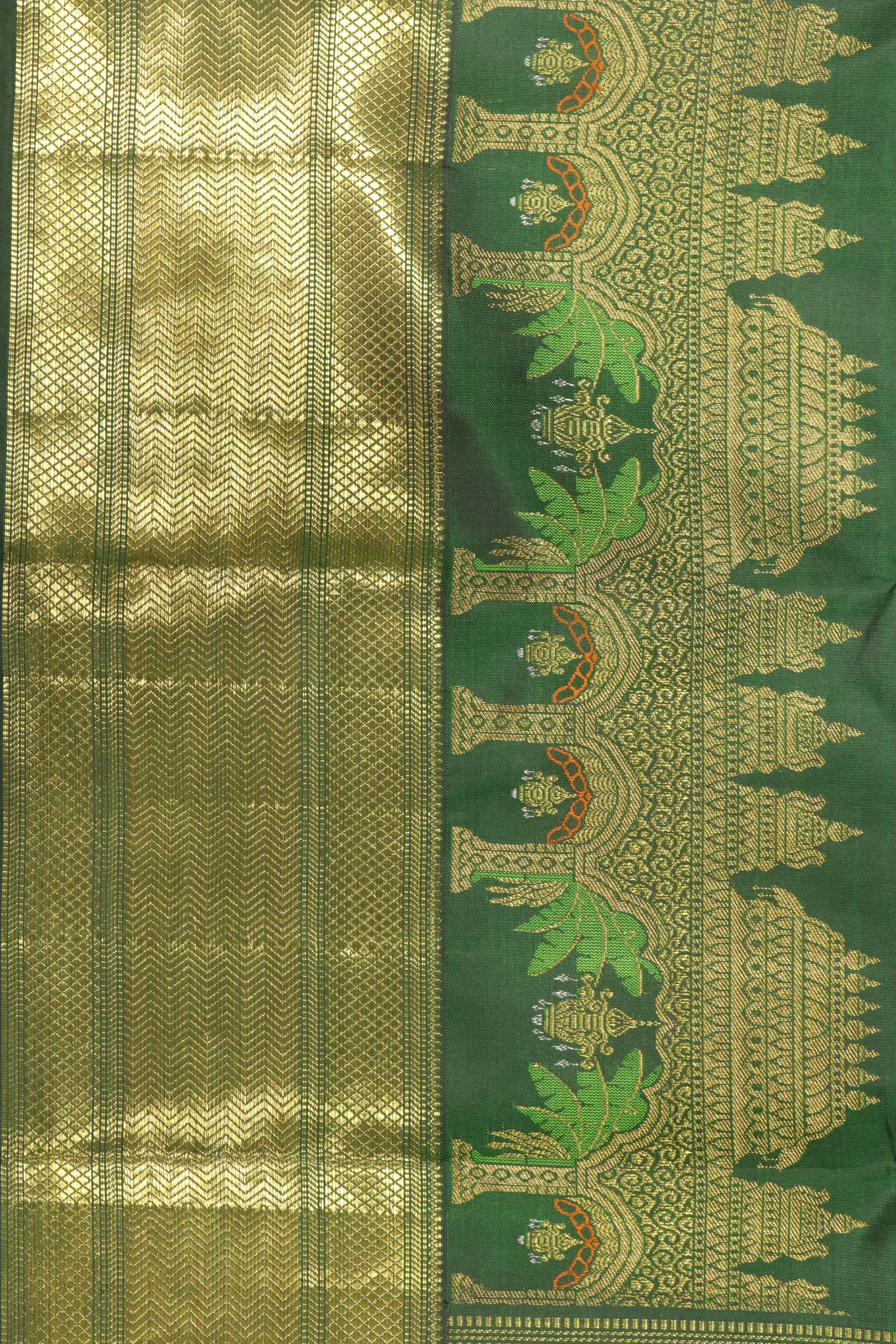 Bottle Green Kanchipuram Silk Saree with Thread Meenakari Motifs and Long Zari Border