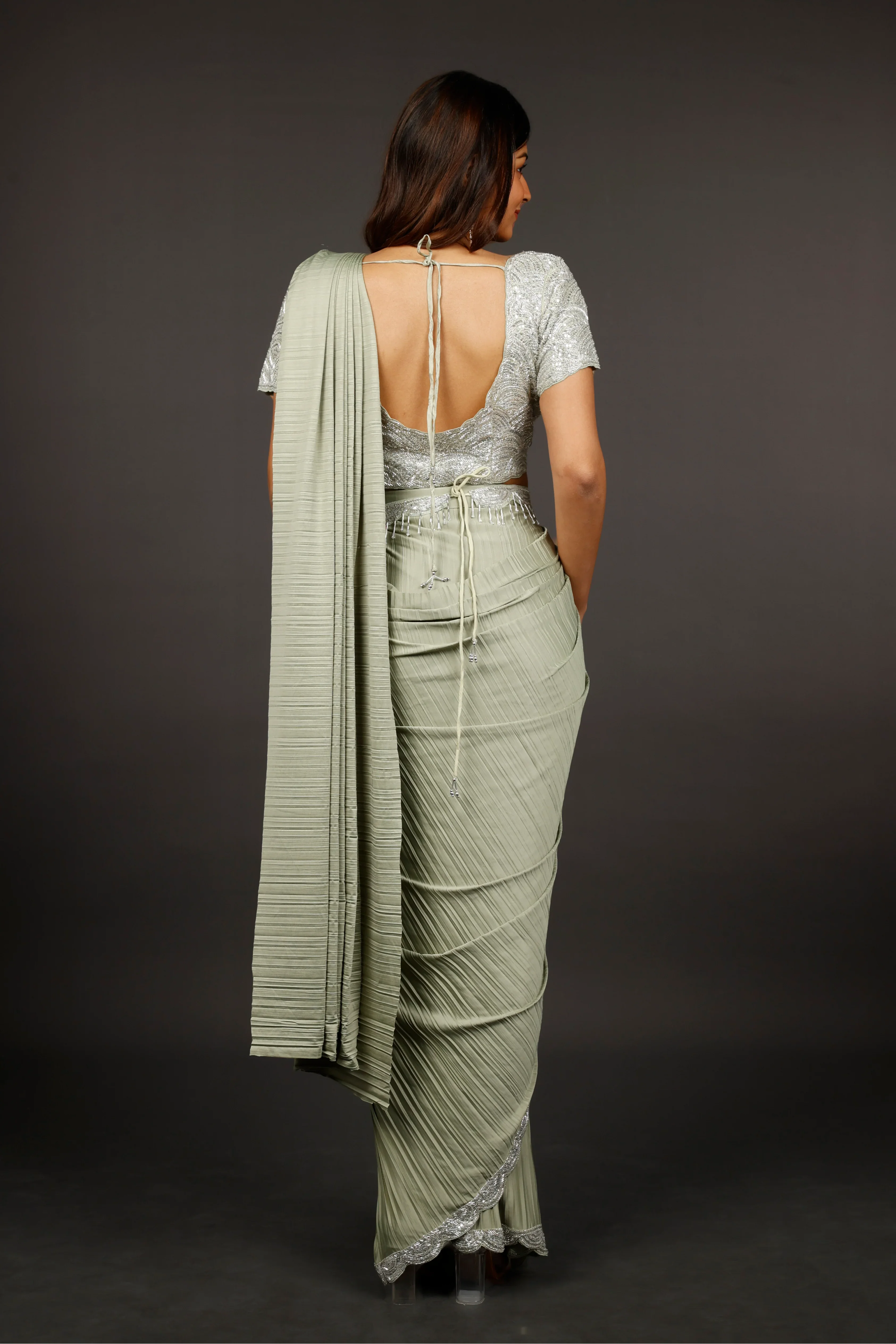 Light Green Lycra Drape Saree with Sequin & Cutdana Embroidered Blouse - Mokshaa