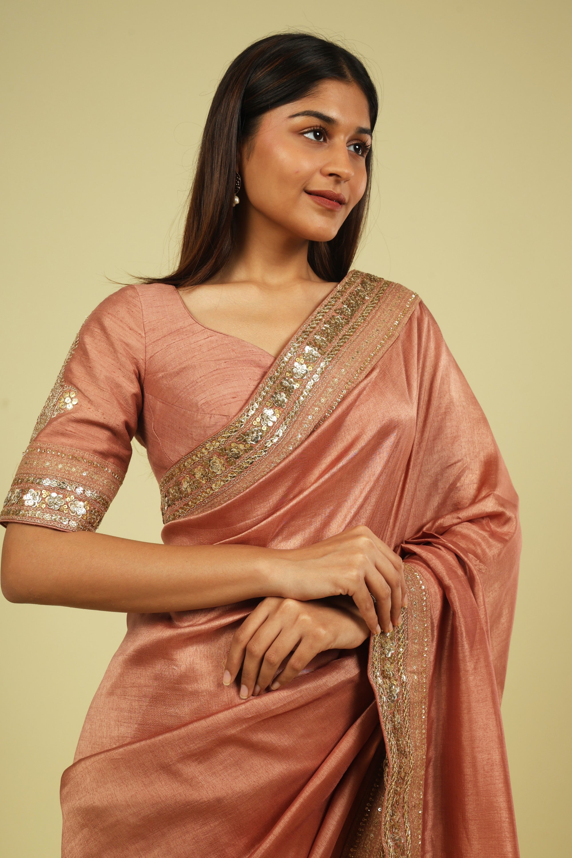 Rust Peach Tussar Georgette Saree with Zari Thread & Sequin Border