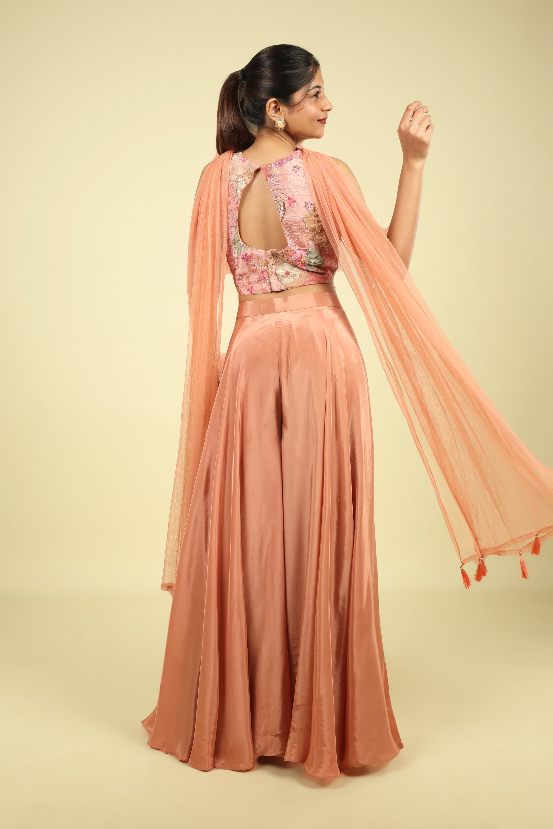 Peach Embroidered Satin Silk Corset Palazzo Set