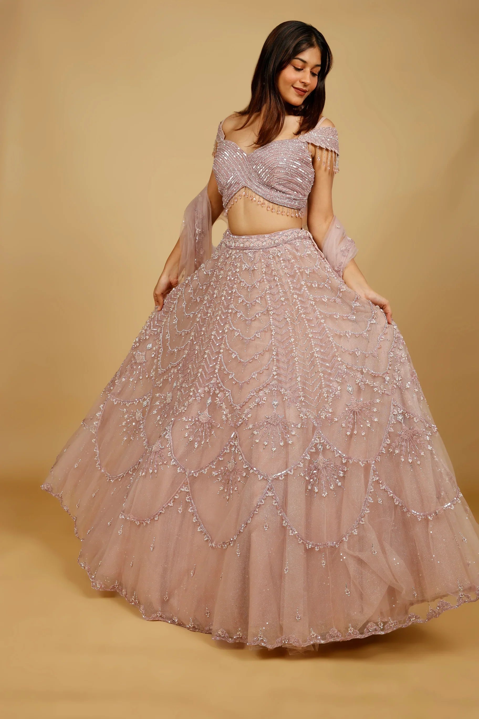 Mauve Net Lehenga Set with Sequin, Pearl & Cutdana Embroidery