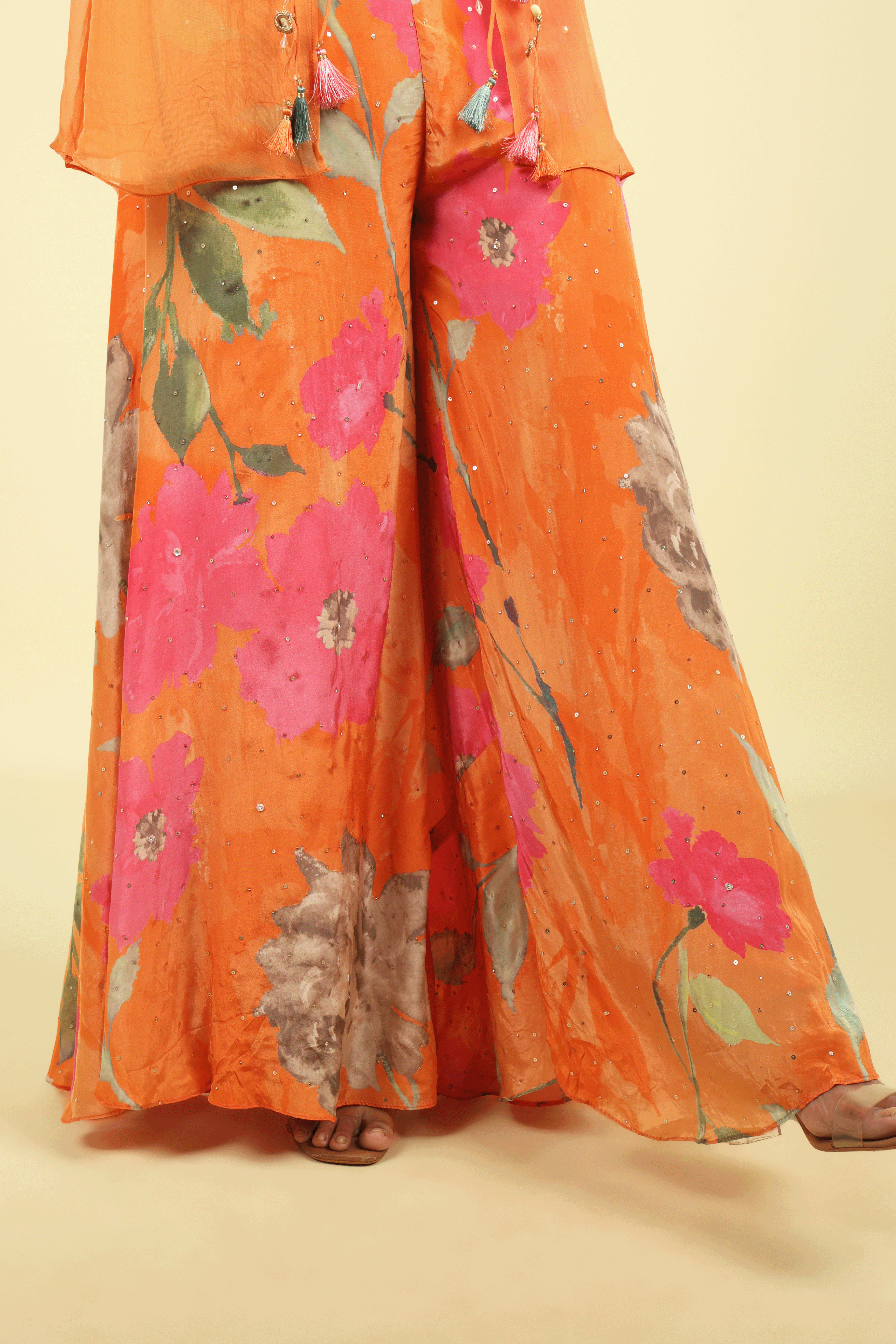 Orange Multi-Colour Printed Crepe Palazzo Set with Organza Jacket