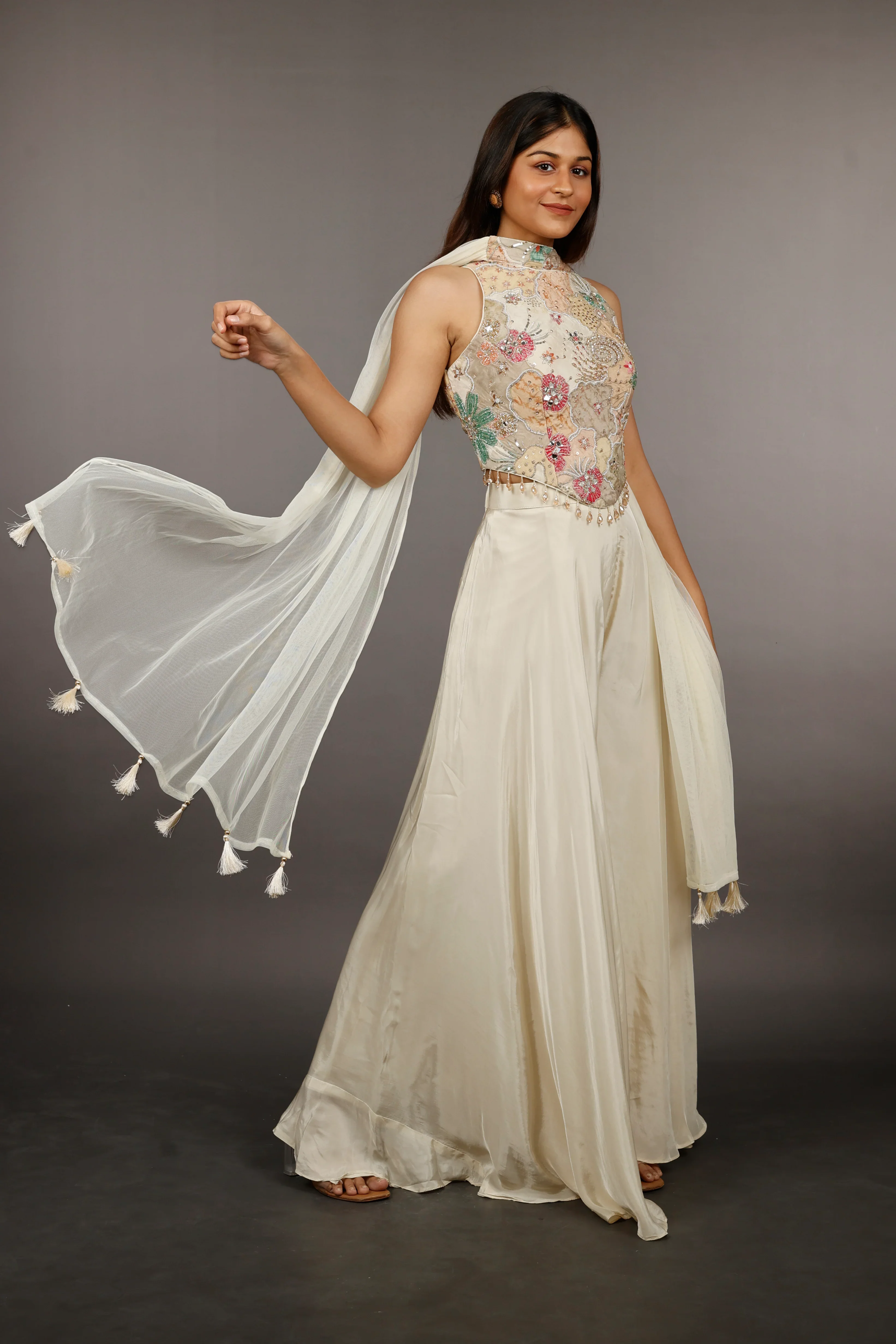 Ivory Satin Silk Corset Palazzo Set with Pearl, Cutdana & Zari Embroidery - Mokshaa