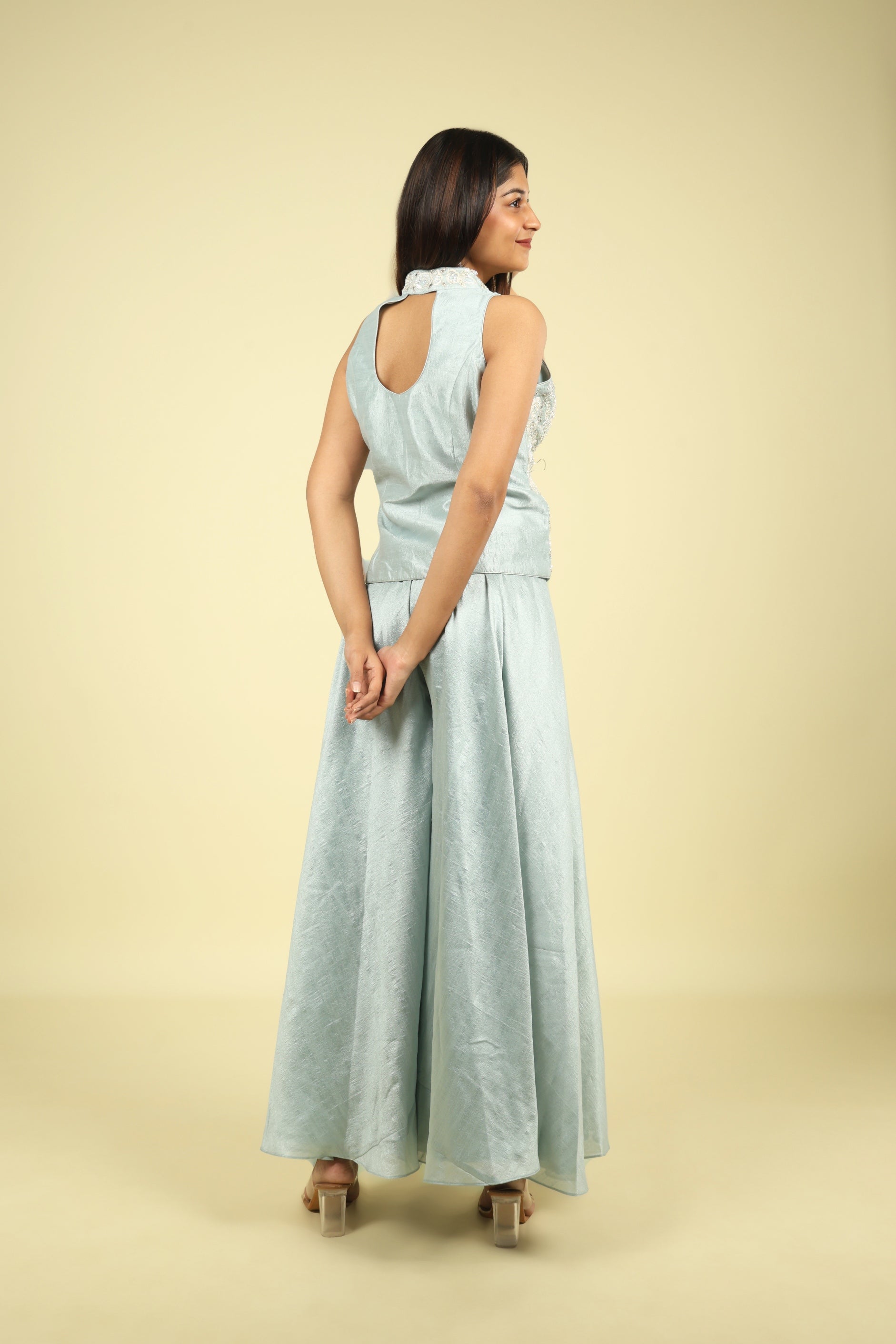 Blue Embroidered Silk Top With Palazzo