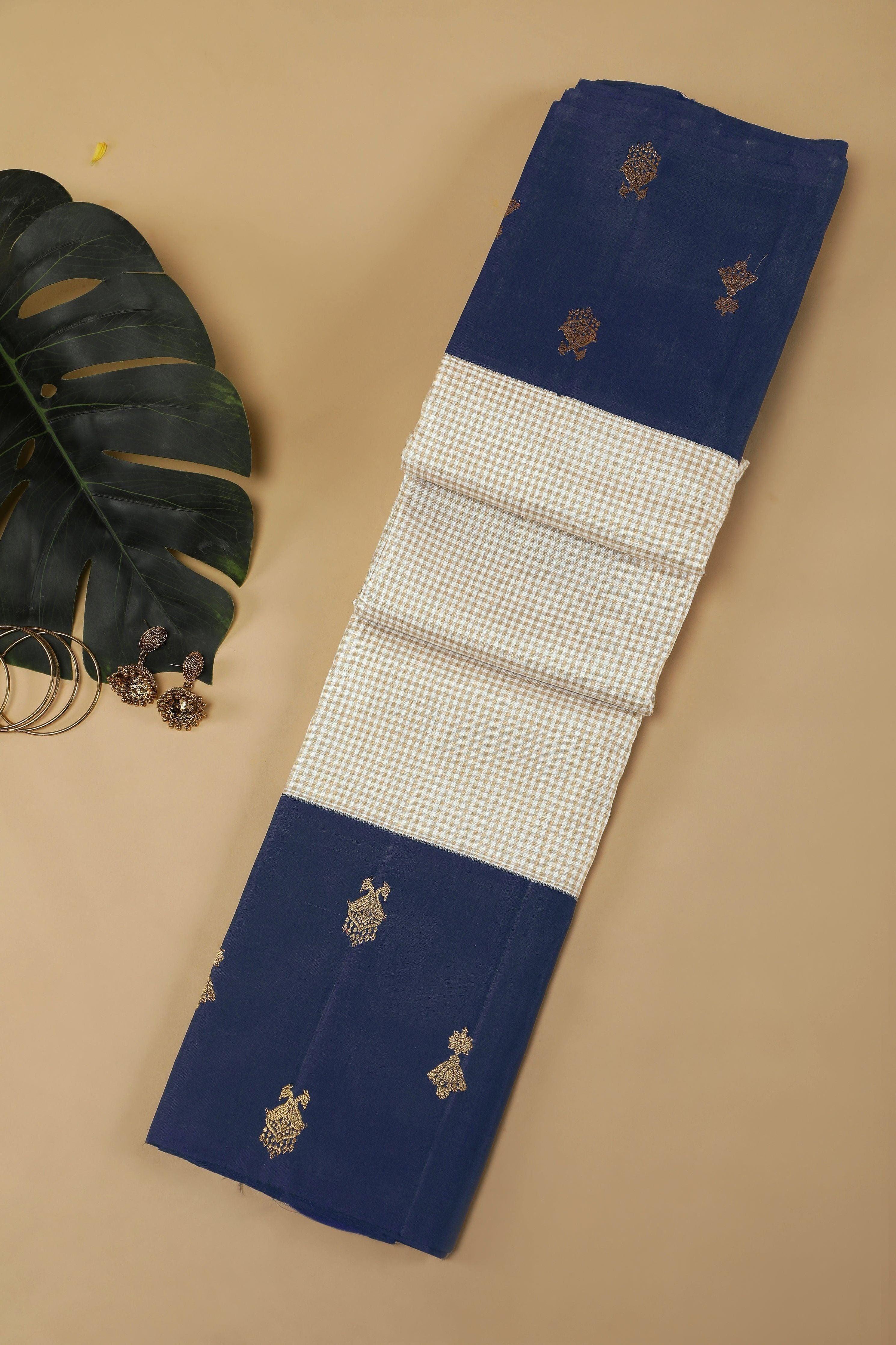 Beige Kanchipuram Silk Saree with Gingham Checks and Blue Zari Border  Mokshaa