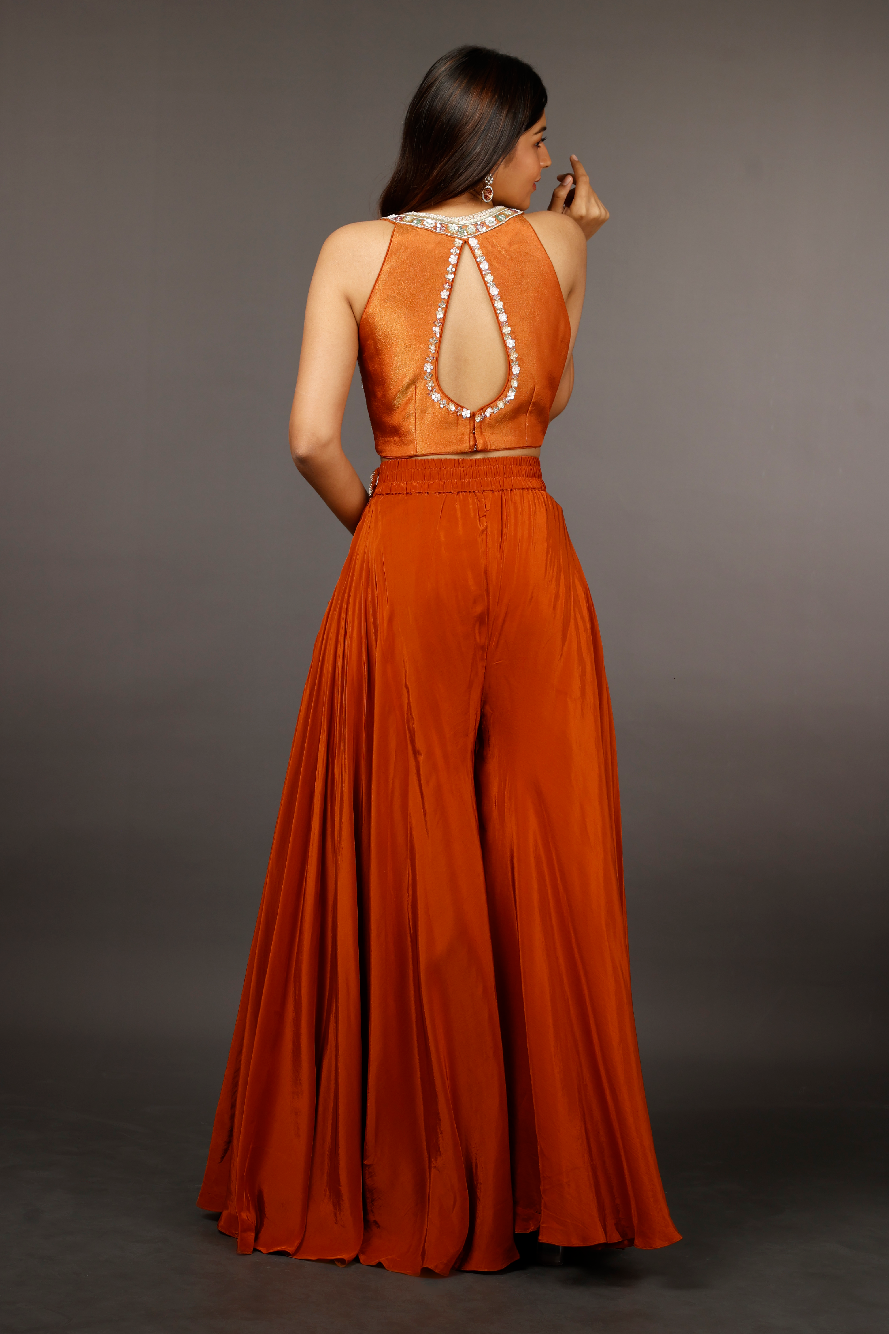 Rust Orange Crepe Silk Crop Top with Palazzo, Tissue Halter Blouse