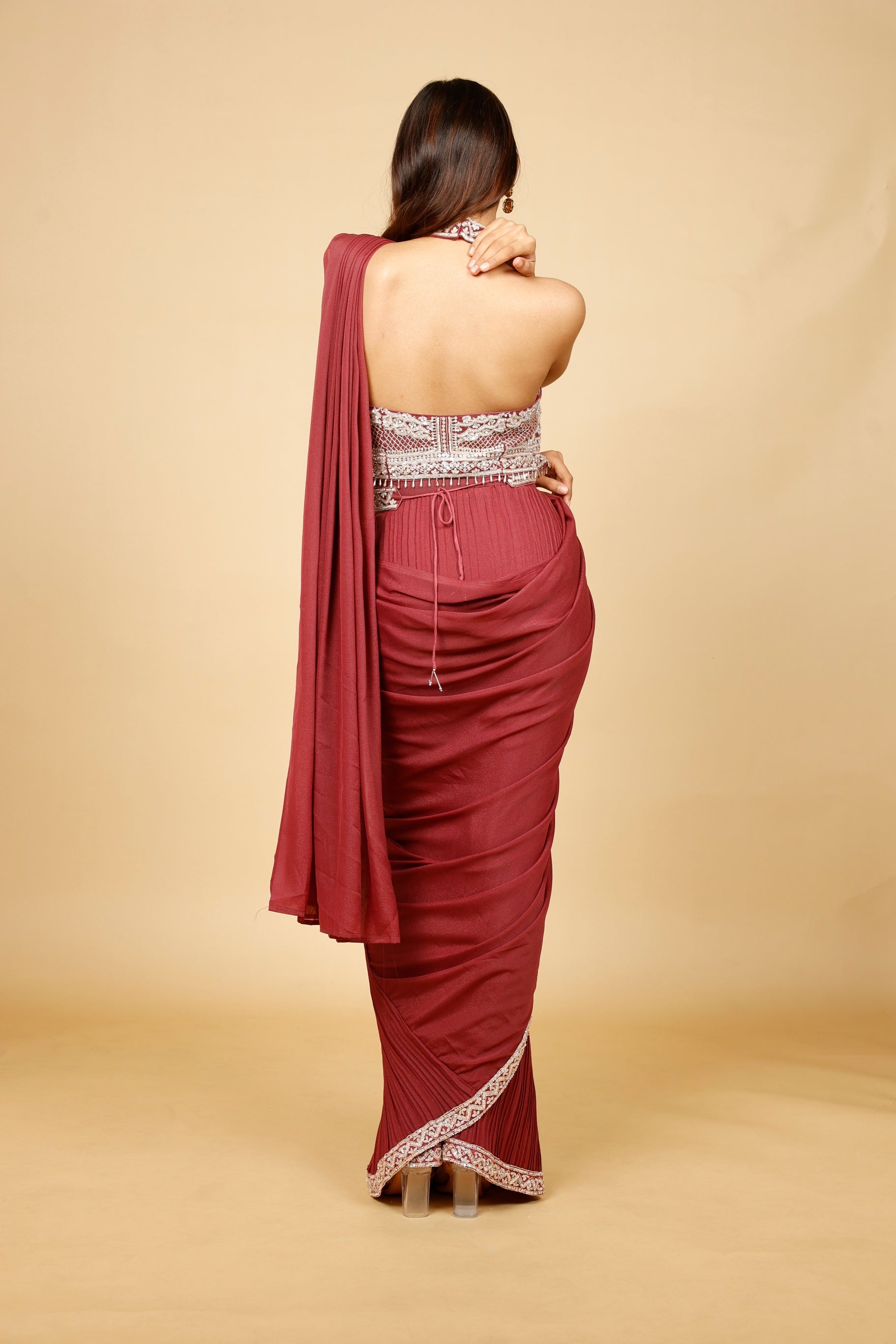 Maroon Embellished Drape Saree Set with Halter Neck Blouse & Pearl Detailing