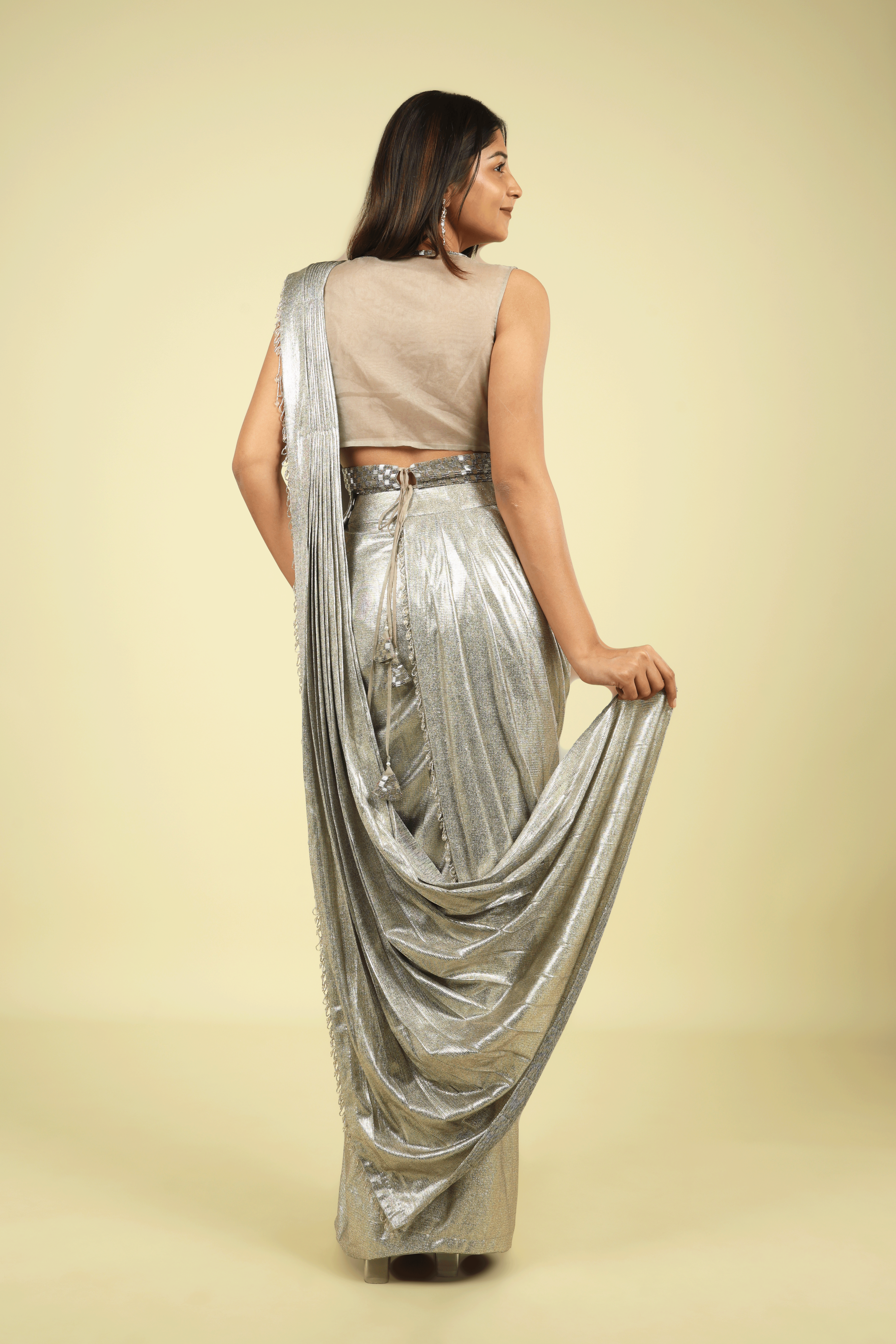 Silver Shimmer Drape Saree Set