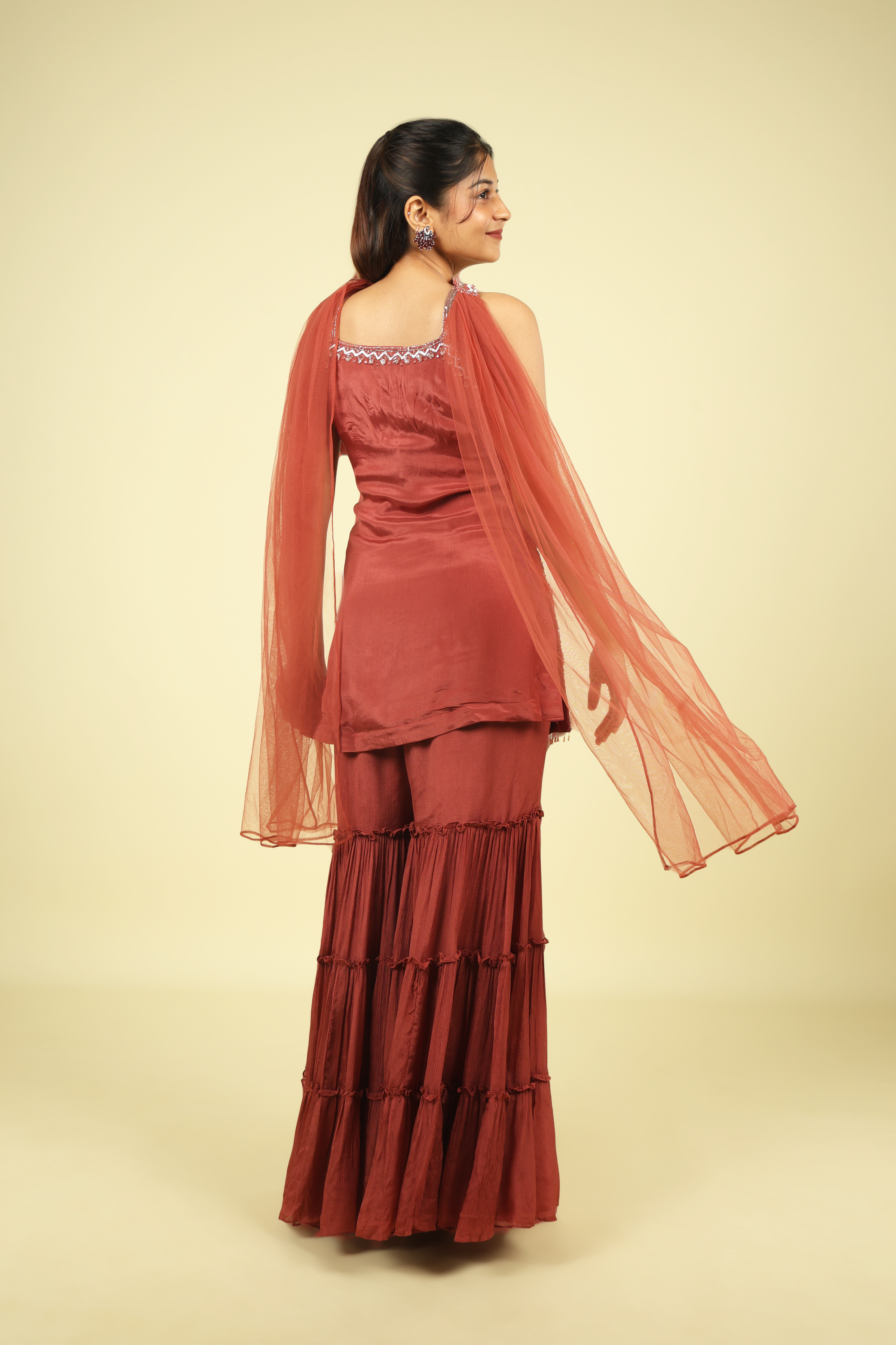 Brick Embroidered Chinon Sharara Set - Mokshaa