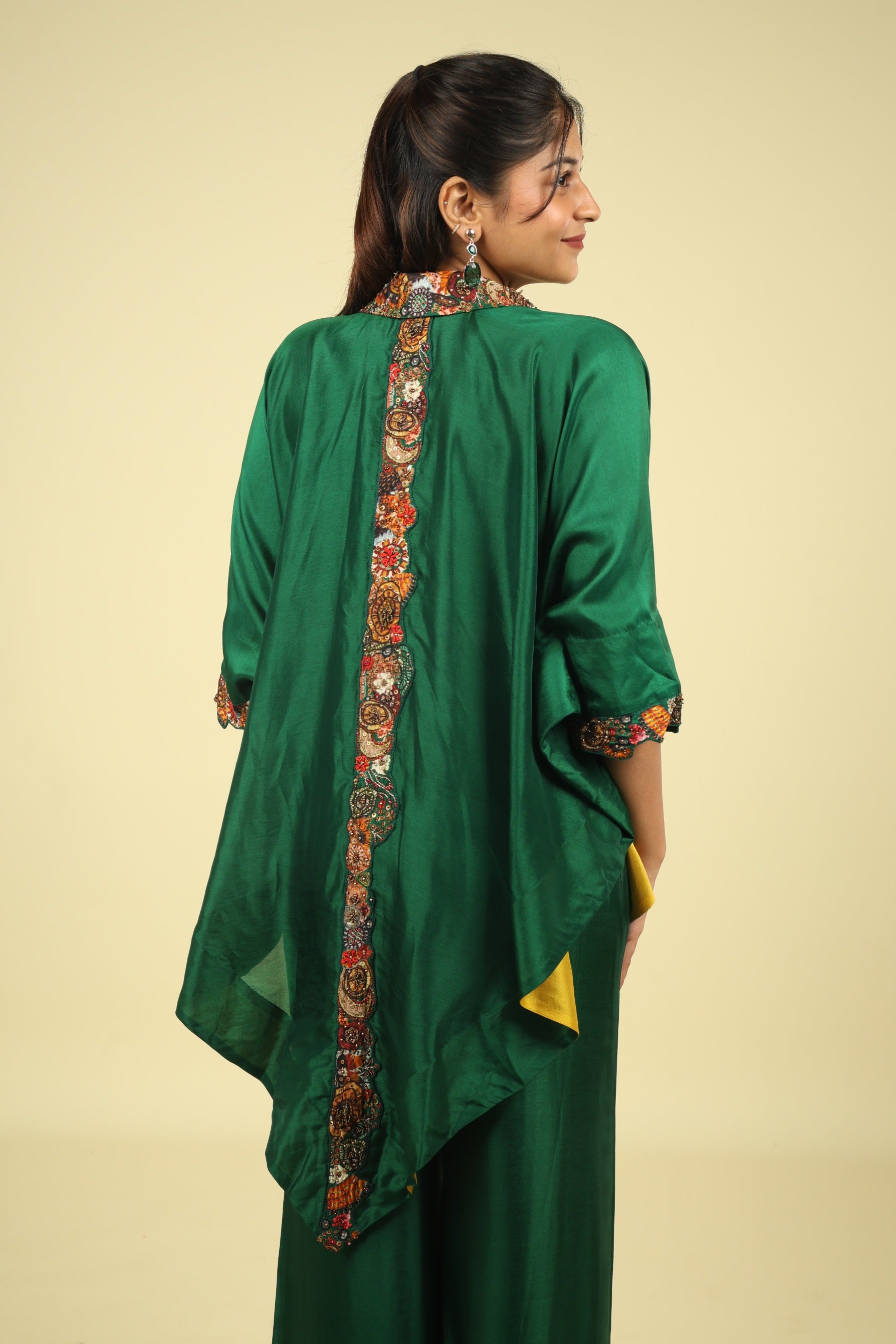 Green Silk Co-Ord Set with Placement Print & Metallic Embroidery