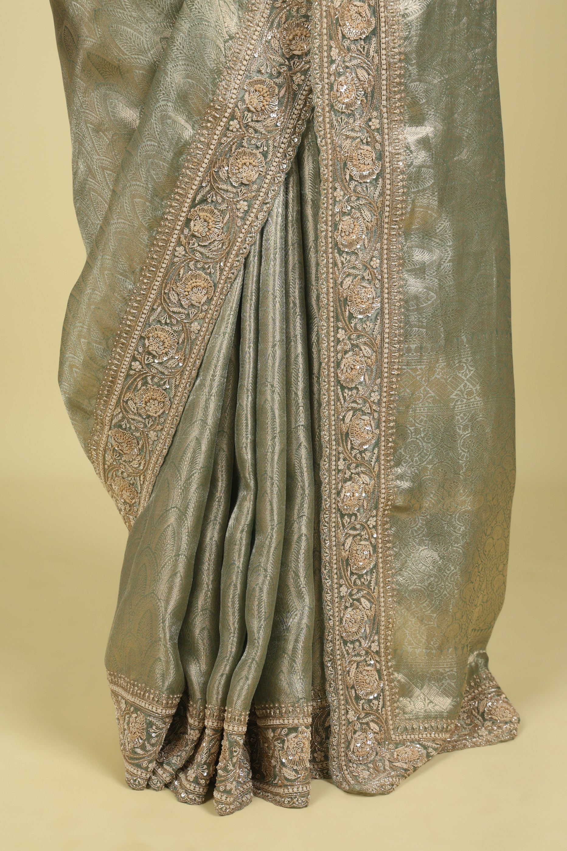 Sea Blue Banaras Tissue Saree with Pearl, Bead & Sequin Embroidered Border