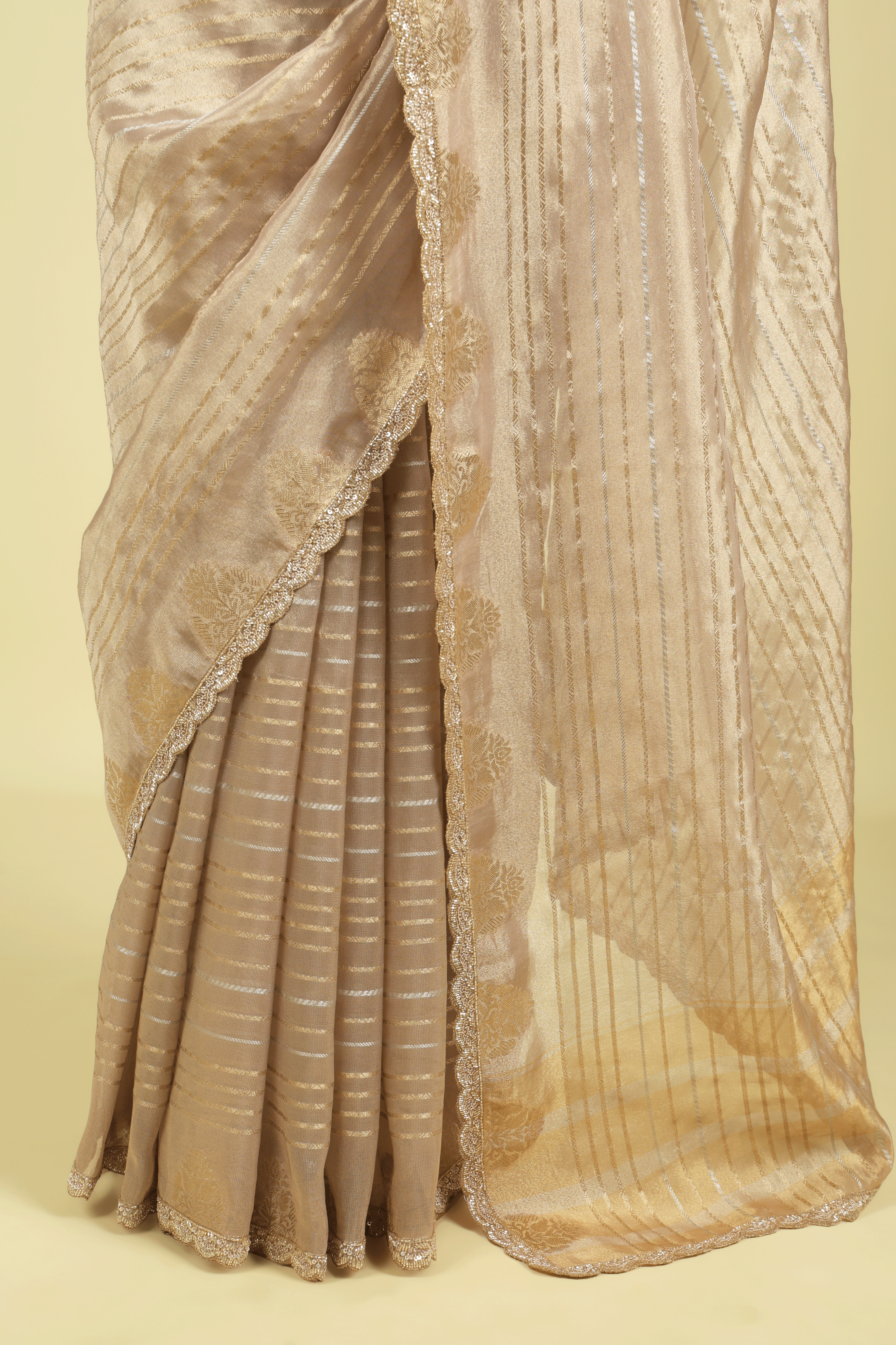Rose Gold Tissue Saree with Gold & Silver Zari Stripes and Bead-Sequin Border
