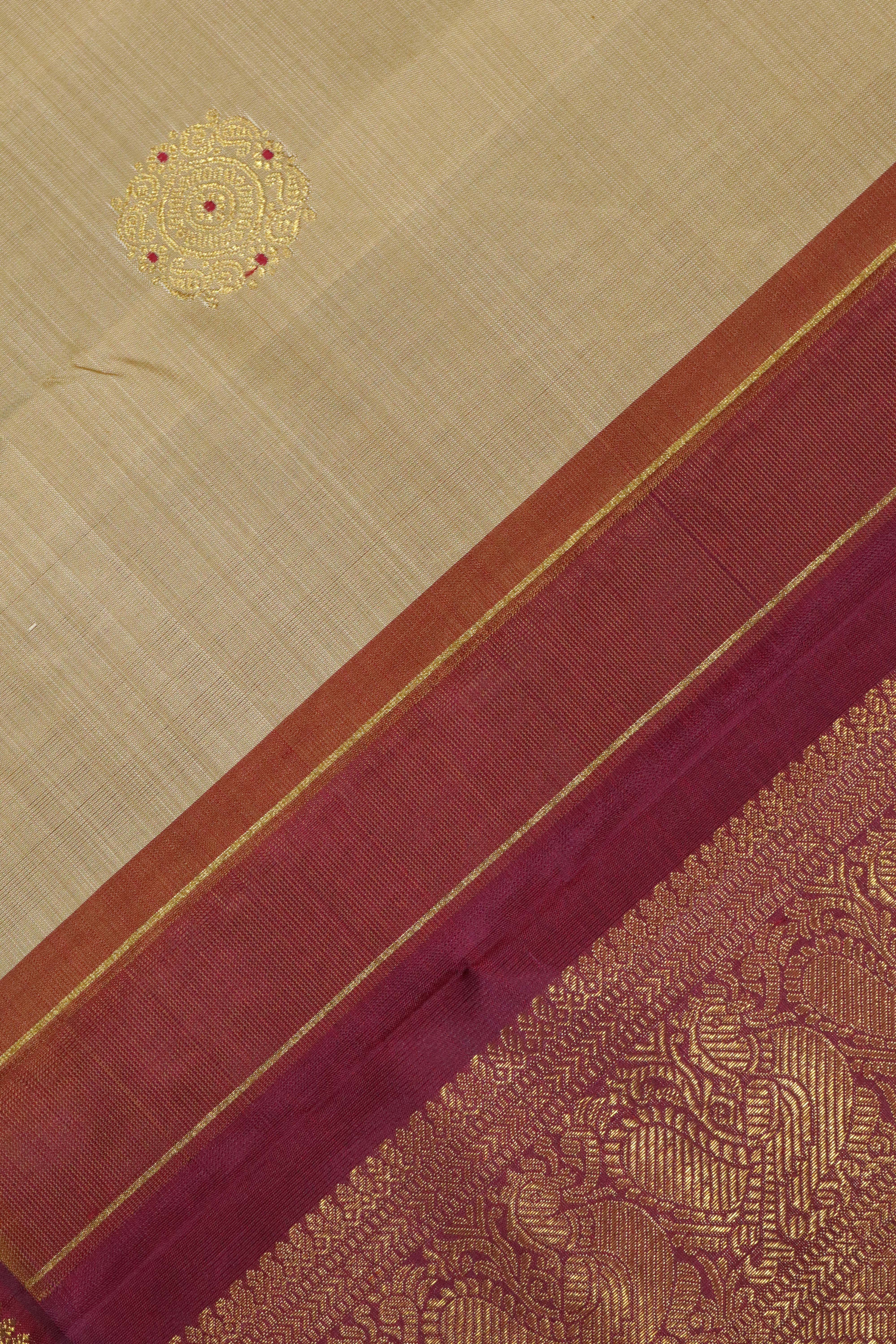 Beige Kanchipuram Silk Saree with Zari & Thread Motifs and Contrast Zari Border