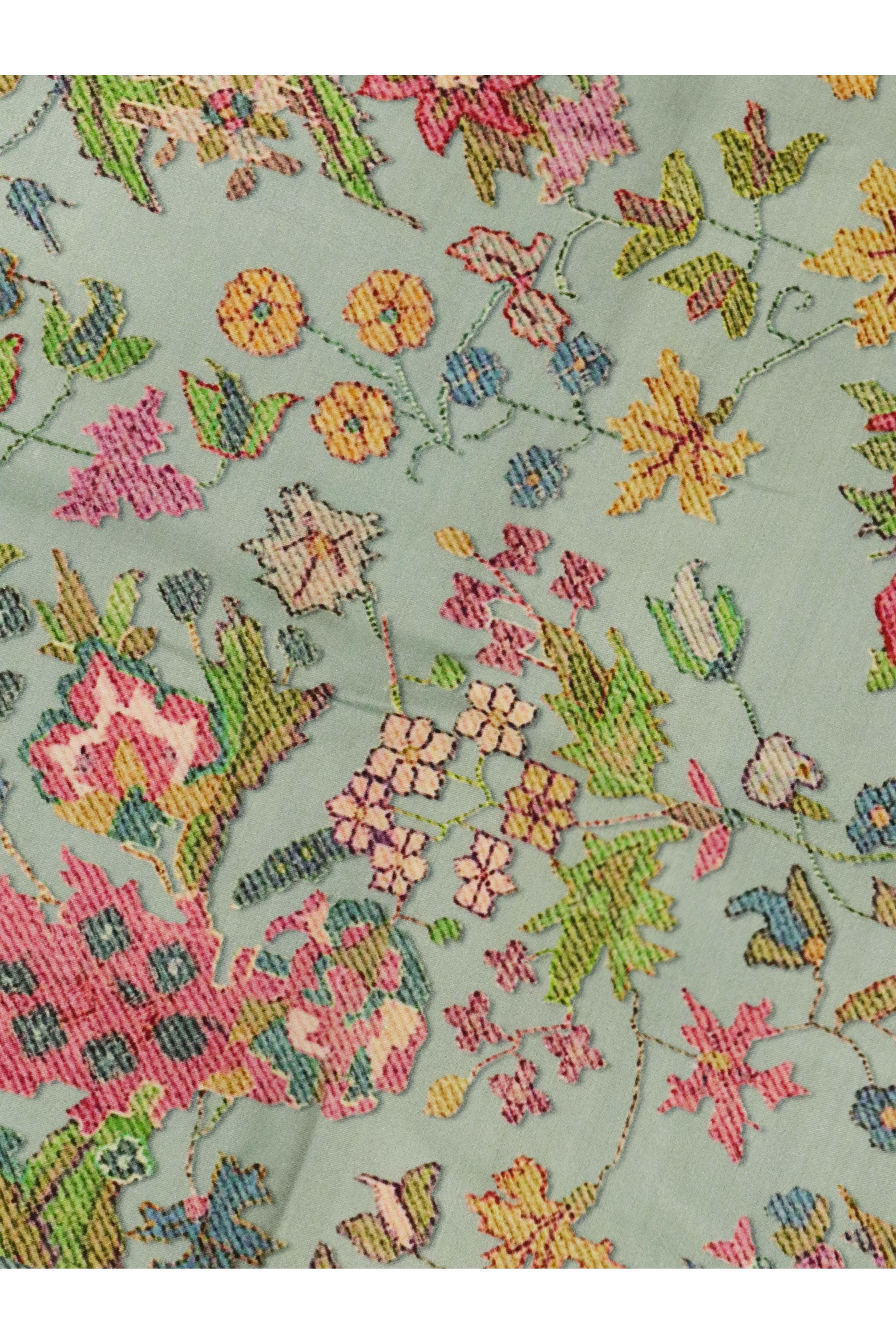 Turquoise Blue Banarasi Satin Silk Saree with All-Over Digital Print & Zari Border - Mokshaa