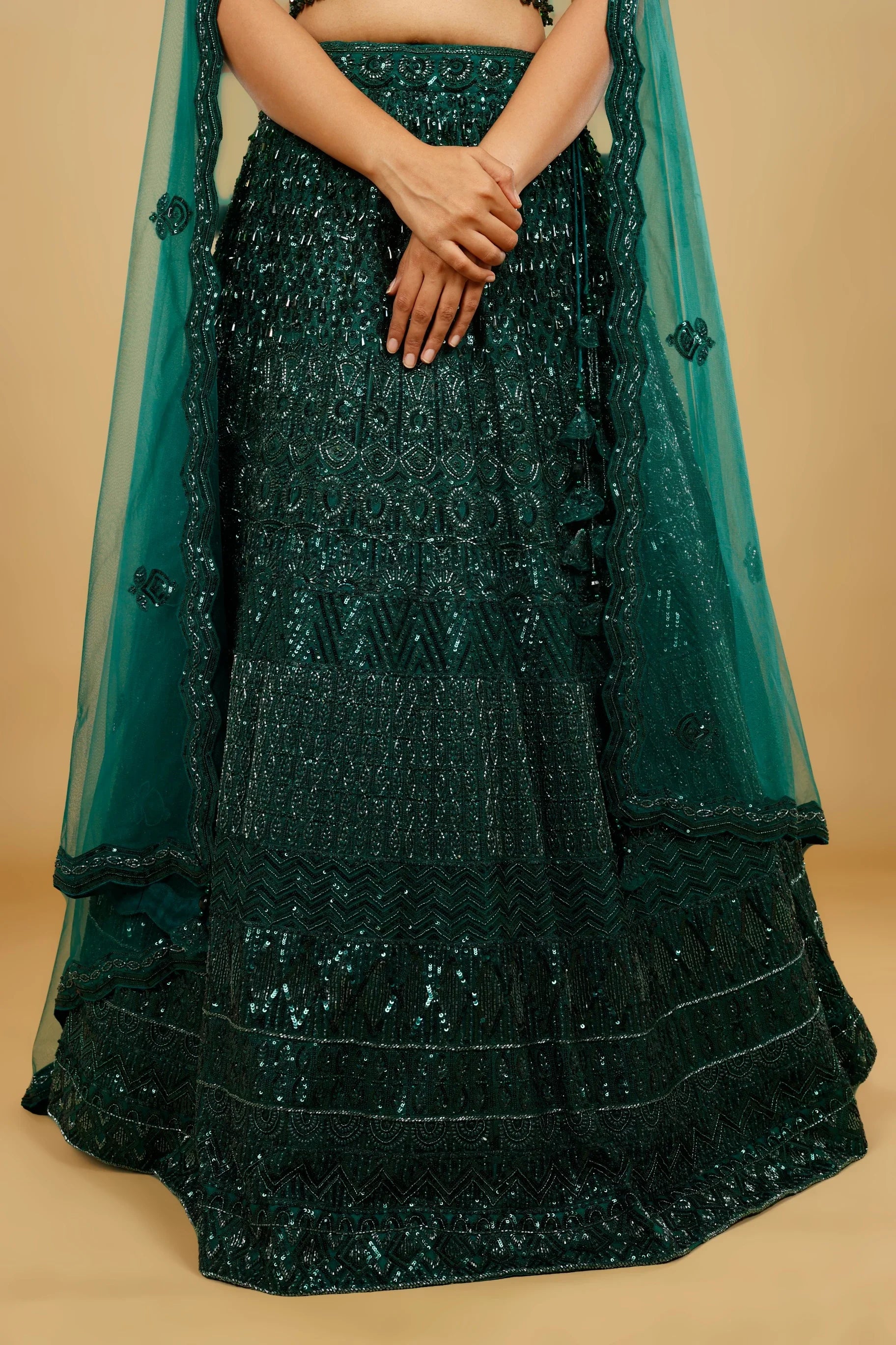 Bottle Green Net Lehenga Set with Sequin, Cutdana & Pearl Embroidery
