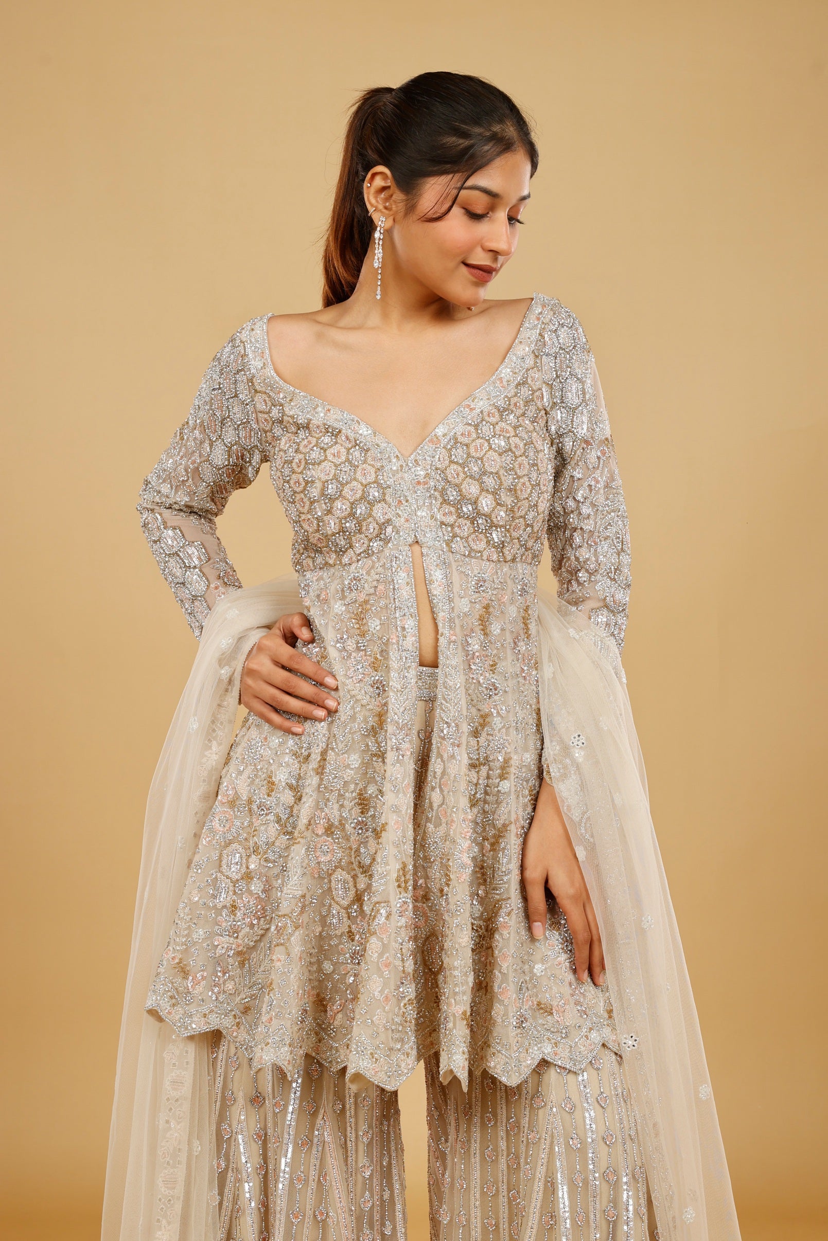 Ivory Net Sharara Set with Stone, Kundan & Sequin Embroidery