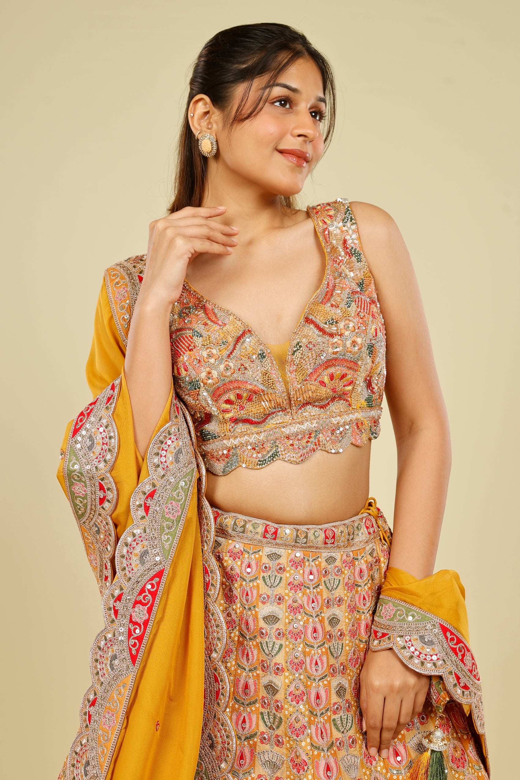 Yellow Printed Silk Lehenga Set with Zari & Sequin Embroidery