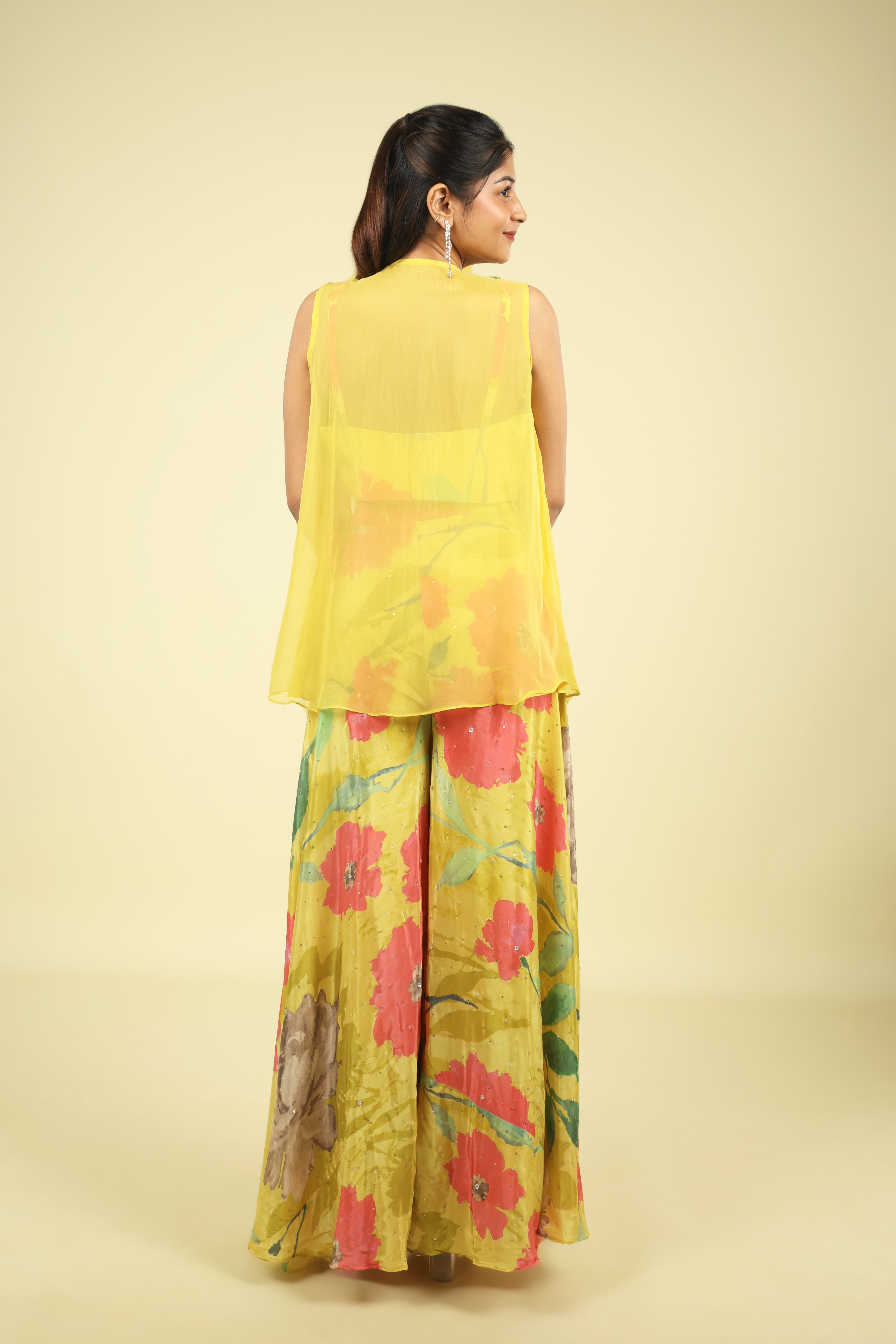 Yellow Printed Crepe Crop Top Palazzo Set
