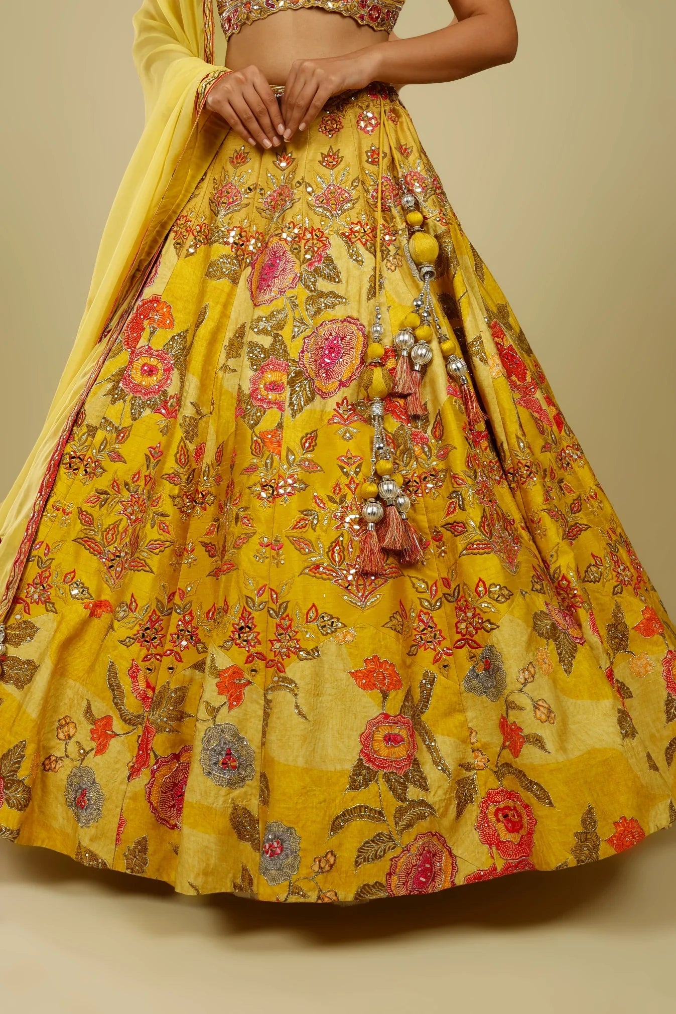 Yellow Silk Printed Lehenga Set with Thread, Mirror & Zari Embroidery | Mokshaa