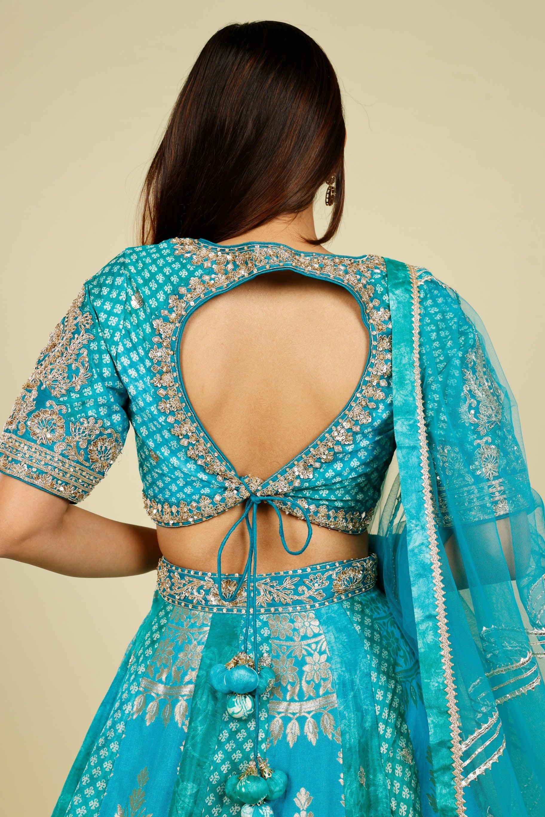 Teal Banarasi Printed Lehenga Set with Zari, Zardozi & Sequin Embroidery | Mokshaa