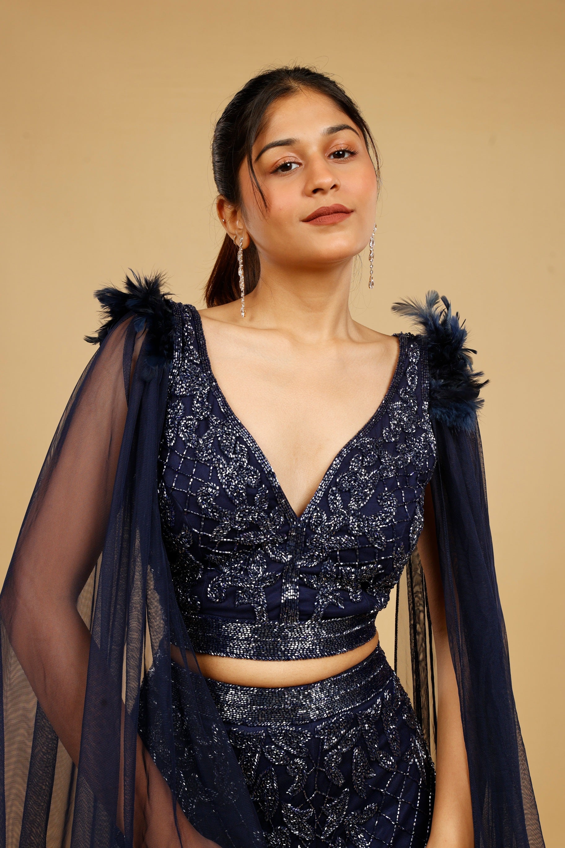 Navy Blue Net Mermaid Skirt Set with Cutdana Embroidery