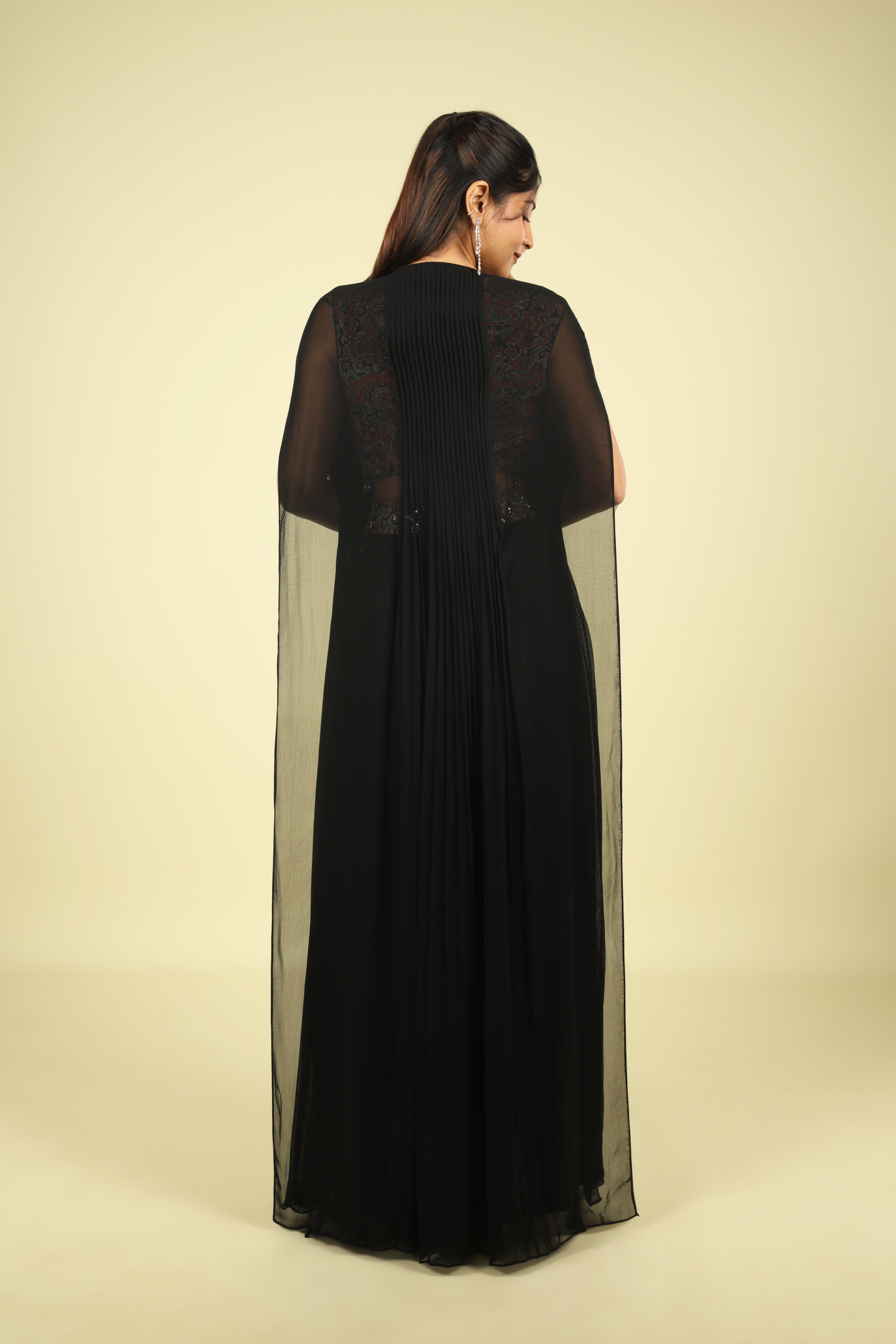 Black Georgette Crop Top Palazzo Set with Embroidered Cape